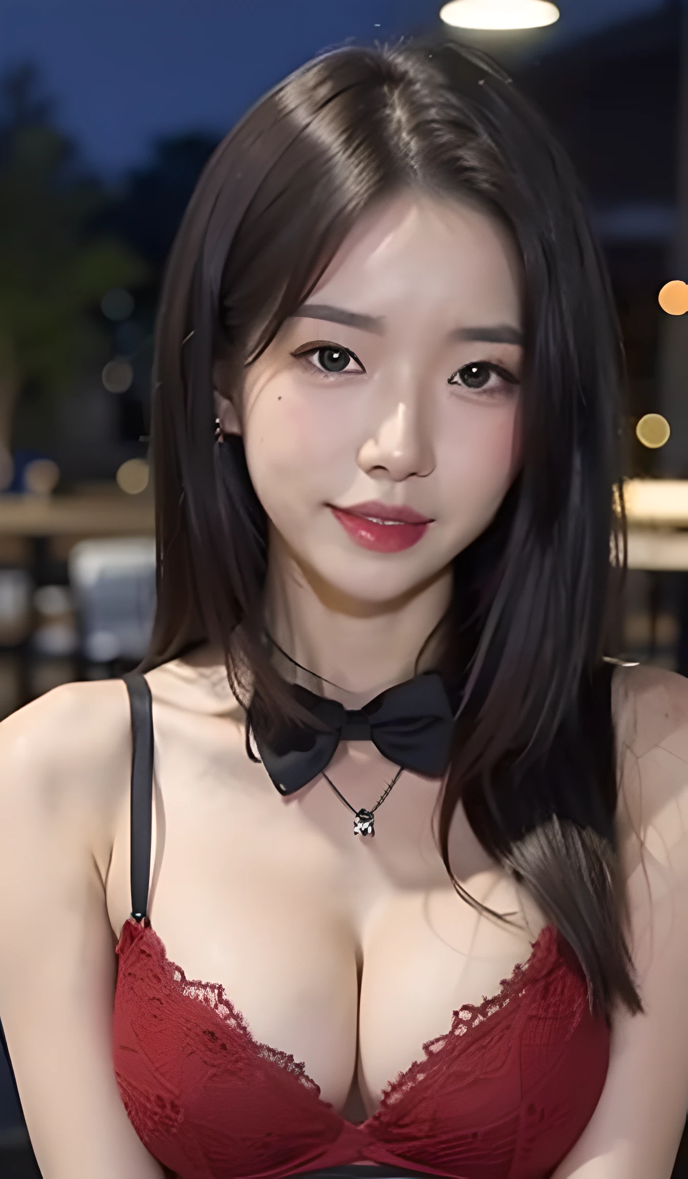 (8k, RAW photo, best quality, masterpiece:1.2), (realistic, photo-realistic:1.37), ultra-detailed,
1 girl,cute, solo,beautiful detailed sky,detailed cafe,night,sitting,dating,(nose blush),(smile:1.1),(closed mouth),large breasts:1.5, seductive smile, large aparture, professional lighting, Sony A7R4, Zessie 50mm F1.8,fold your arms behind head:1.8,mole under eye:1.2
beautiful detailed eyes,(sexy dress:1.3), bowtie,pleated skirt,(short hair:1.2),floating hair,(round glasses),