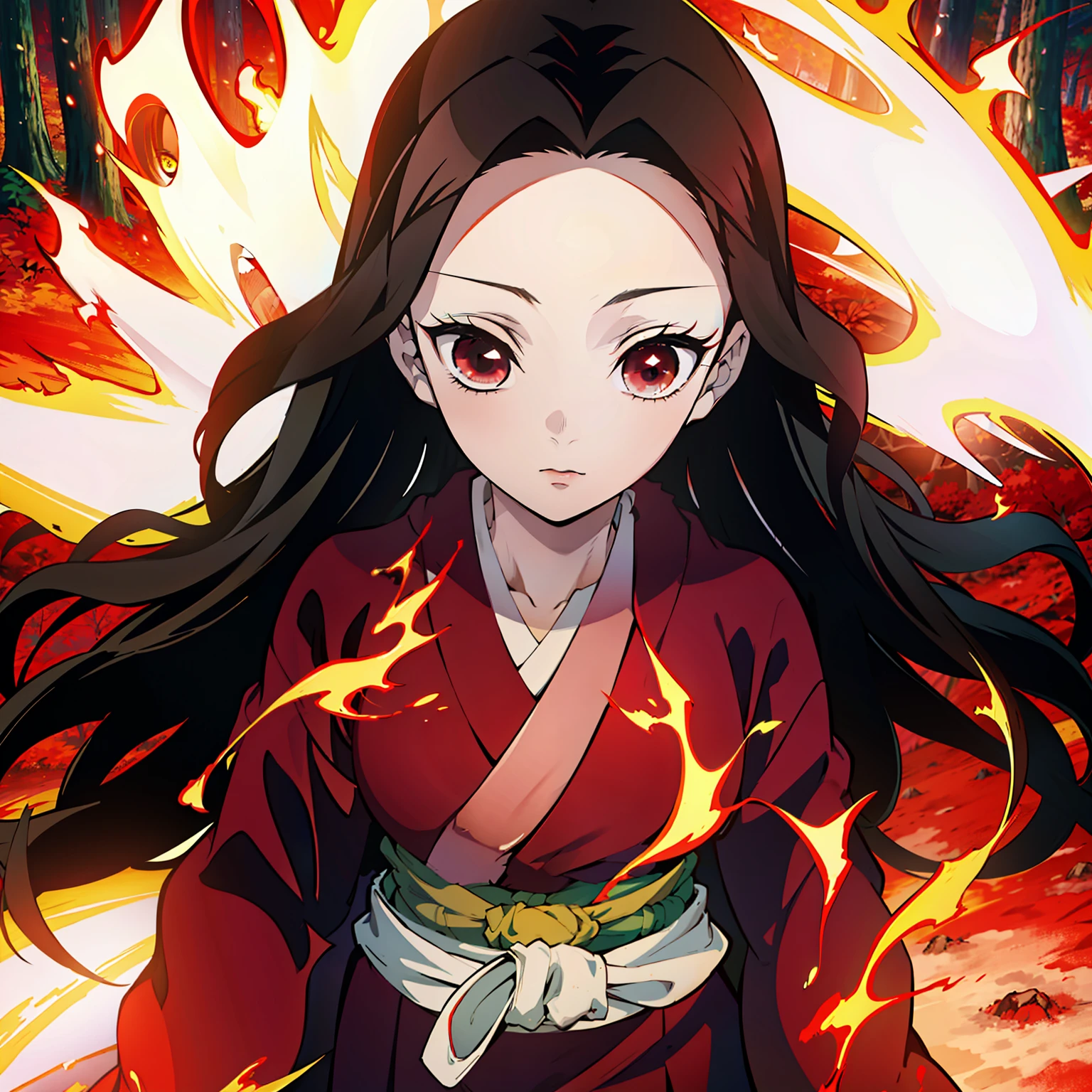 Kimetsu no Yaiba style, 1girl, 独奏, kblack eyes, bright red hair, extra very long hair, red kimono, Obi Belt,  ((Masterpiece)), ((portraite of a)), The forest is on fire, The forest is blazing