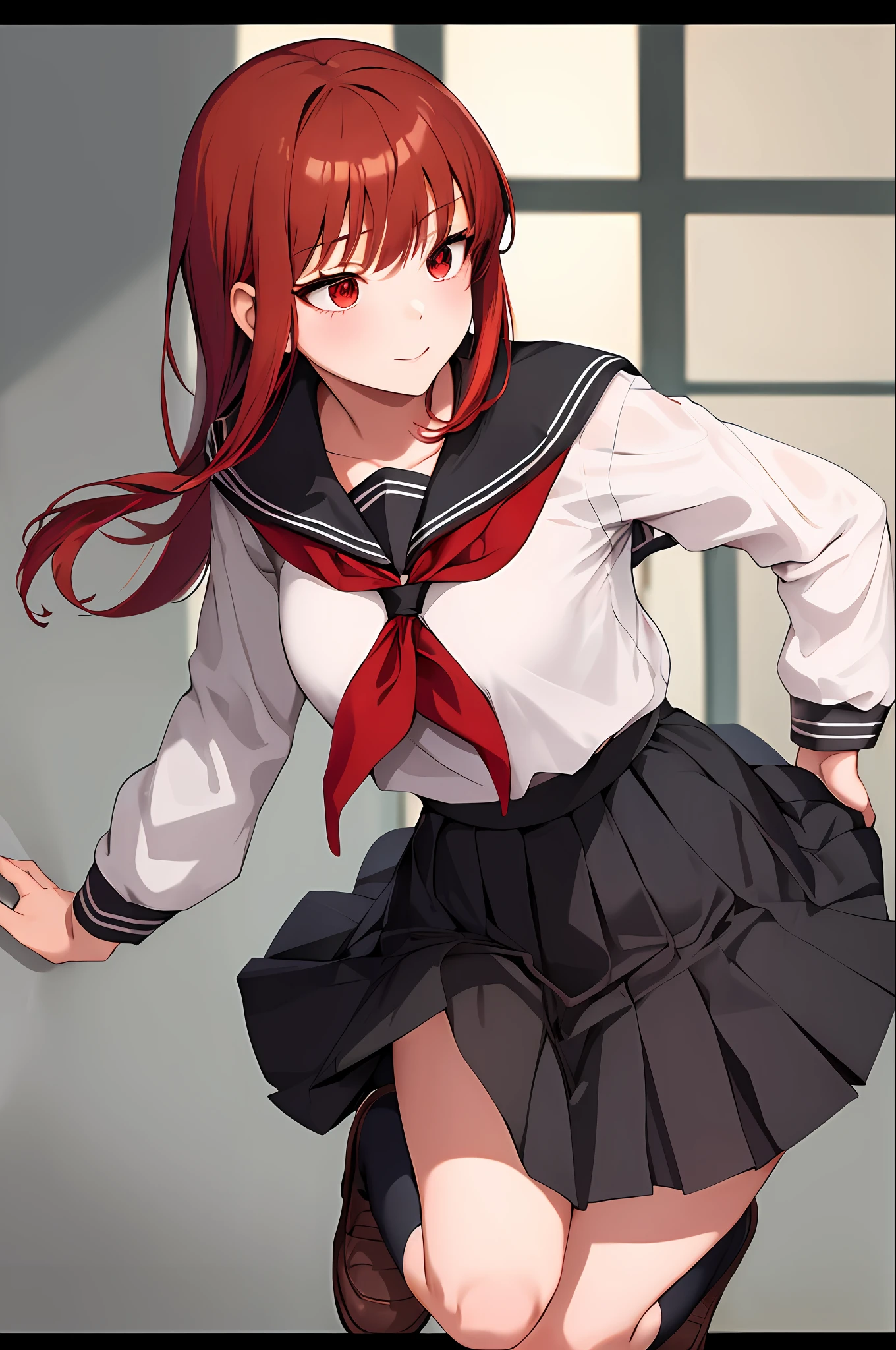 Masterpiece, Best Quality, Hi-Res, 1 Girl, Solo, Medium, Red Hair, Short Hair, Beret, Bangs, Purple Eyes, Hair Between Eyes, Long Sleeves, Bow Tie, School Uniform, Mini Skirt, Juliet Sleeves, Thighs, White Shirt, Cowboy Shot, (Skirt Lift: 1.3), Indoors, Toilet, Urinal, Sweat, Wet, Look Viewer,Bright Red Panties, Blush
