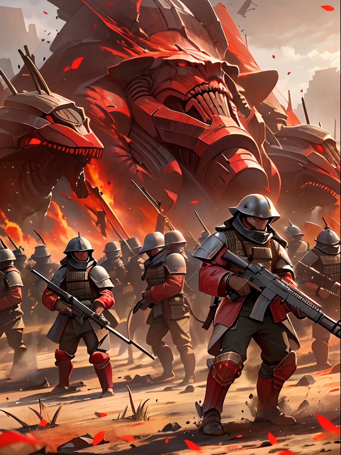 Future Battlefield, Alien Civilization War, Gunsmoke fills, A red flag was planted on a small mound, Soldiers in Chinese armor, full armour, The background is the army of the SA, The picture is stunning, Magnificent, Magnificent, in the style of futuristic, Ultra-wide angle, Masterpiece, ccurate, Anatomically correct, Super detail, Award-Awarded