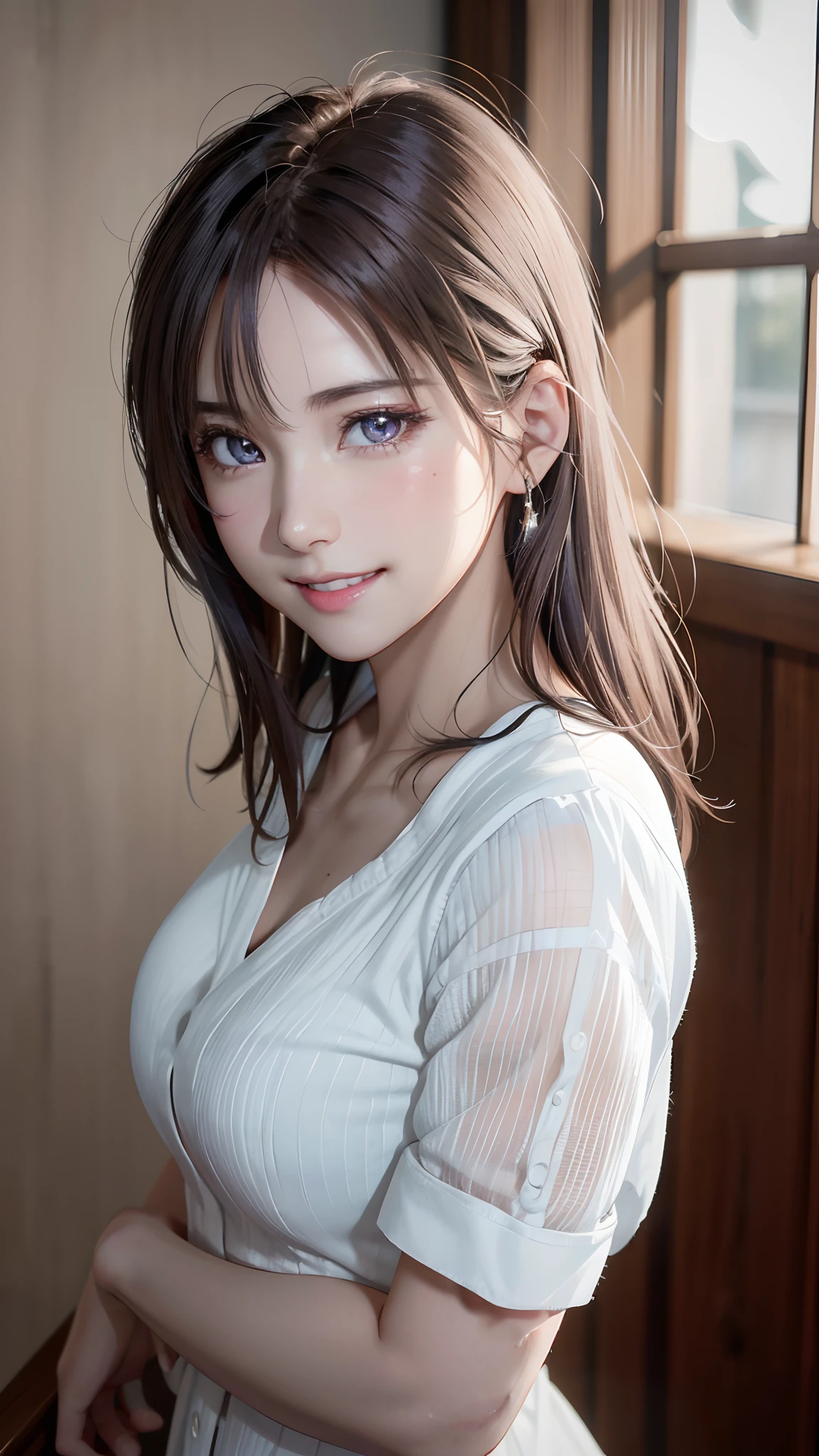 Super beautiful CG、One Girl, ponytail, smile, Brown Hair、Deep blue eyes、Big ribbon、Close your mouth