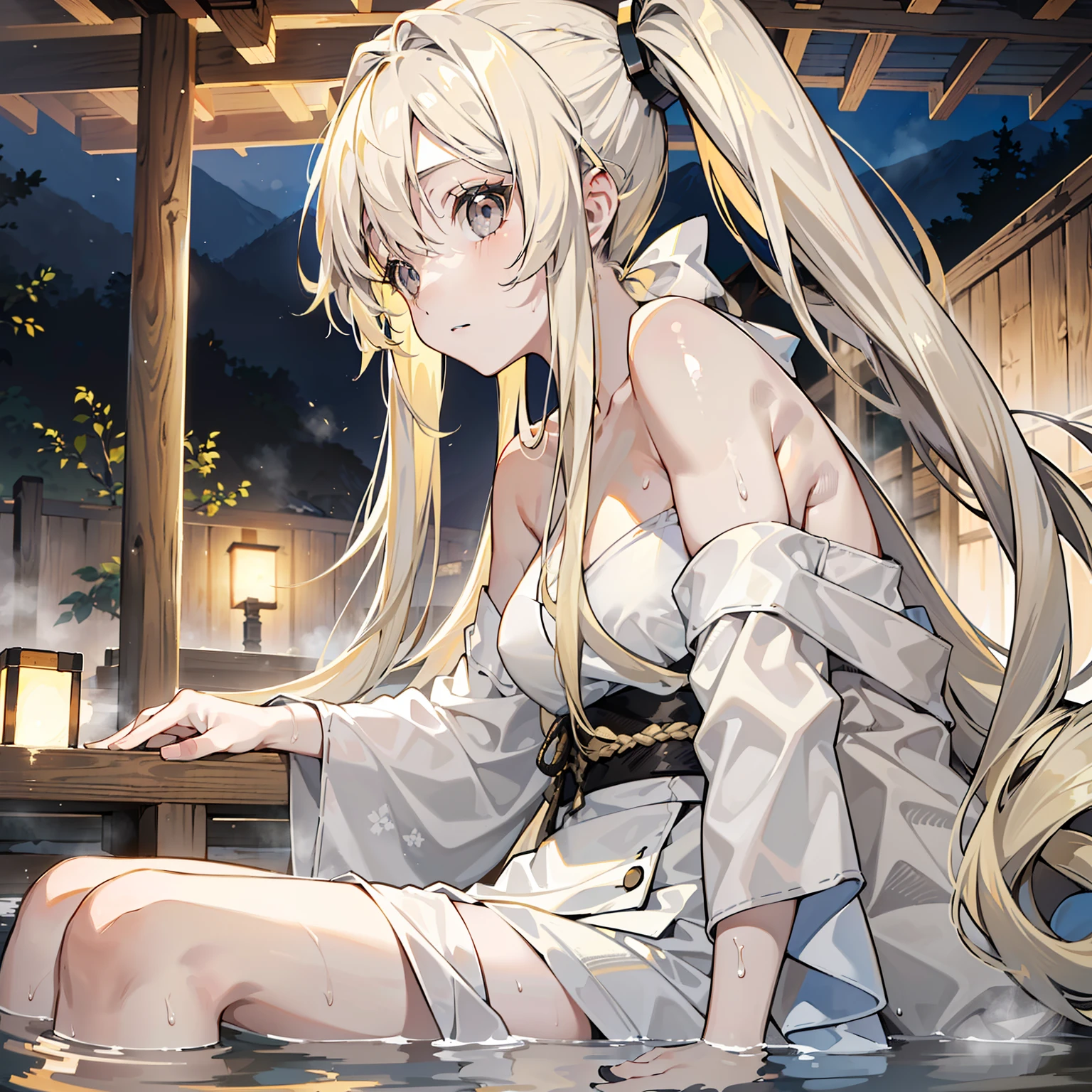 1girl, portraite of a, realisti, Towel, (onsen), sidelighting, wallpapers, (((1 girl))), (((light blond long hair))), ((loose hair)), ((Two long tails on the sides)), ((( light gray eyes))),