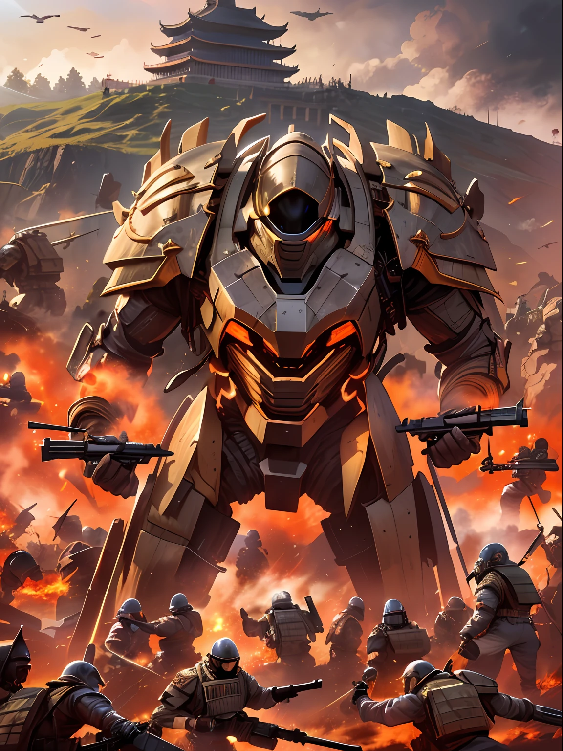 Future Battlefield, Alien Civilization War, Gunsmoke fills, A red flag was planted on a small mound, Soldiers in Chinese armor, full armour, The background is the army of the SA, The picture is stunning, Magnificent, Magnificent, in the style of futuristic, Ultra-wide angle, Masterpiece, ccurate, Anatomically correct, Super detail, Award-Awarded