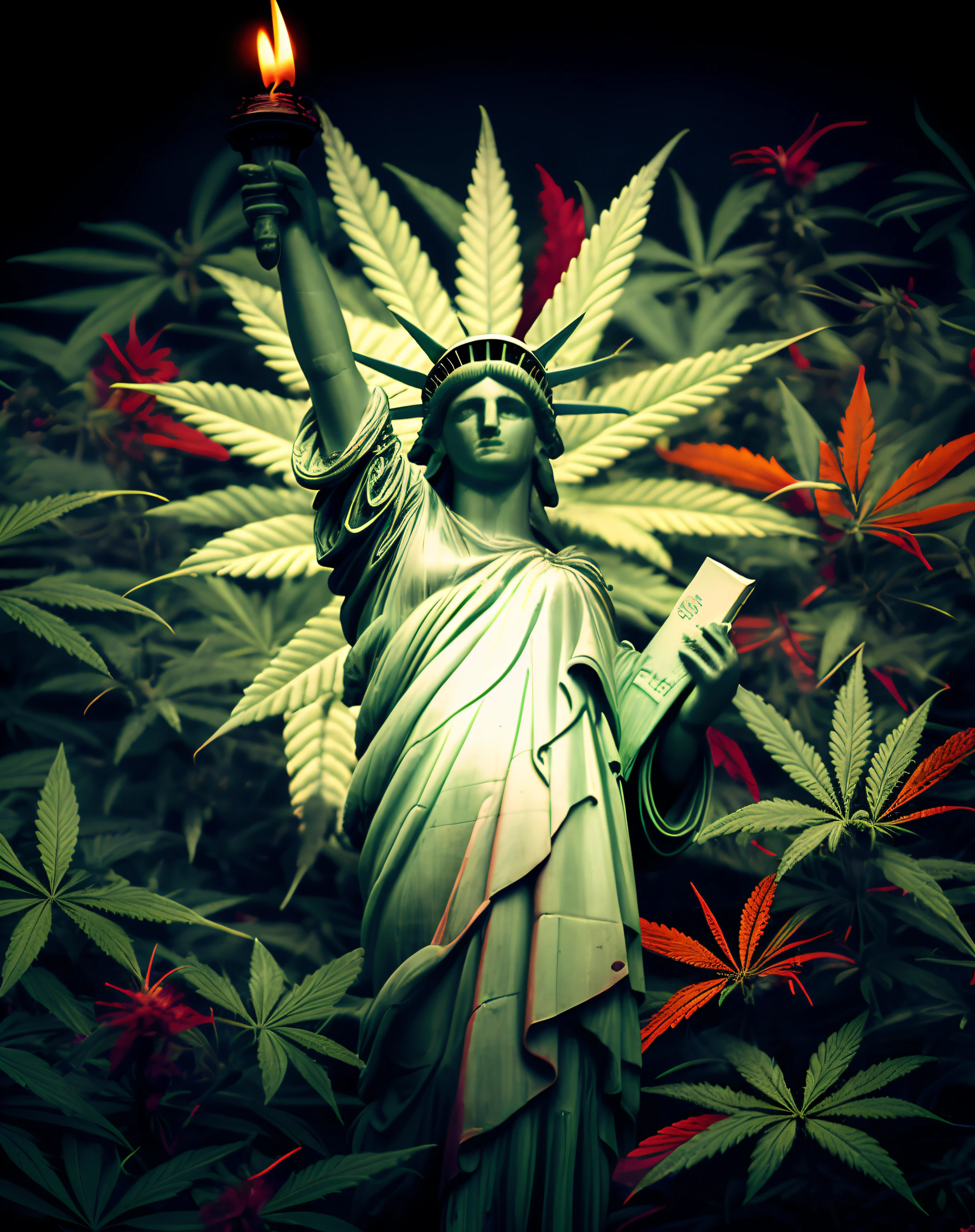 Waving american flag with marijuana leaves instead of stars 