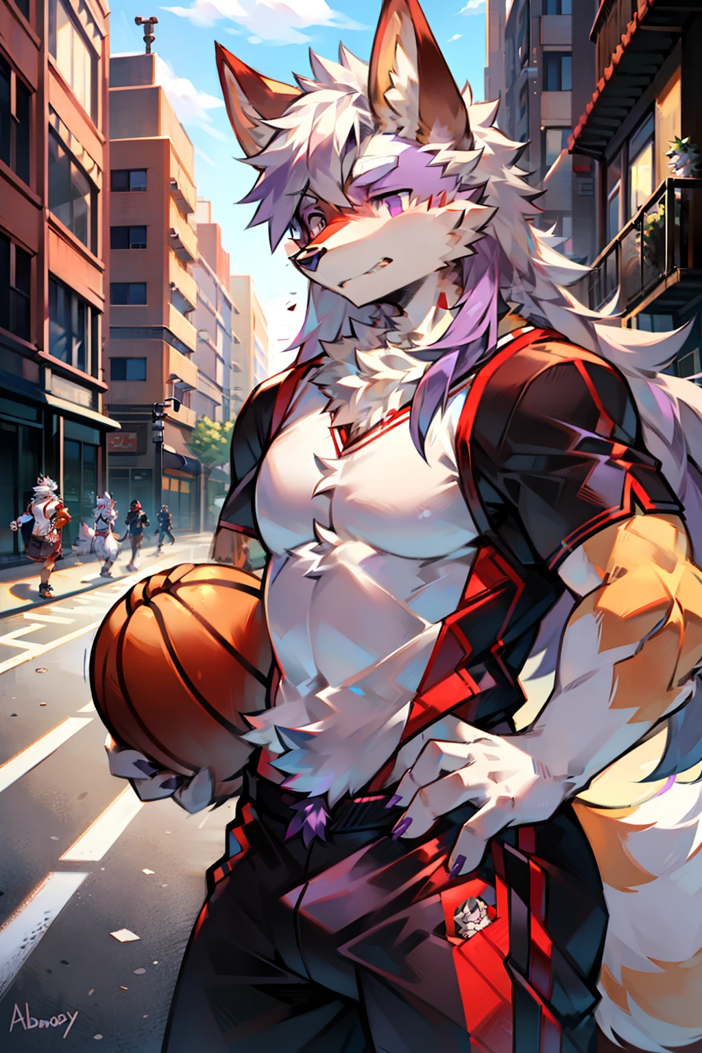 Double,shaggy male,hairy bodies,shoun,(red fox,red fox,canid,long whitr hair),(coyote,canid,long white hair,The ends of the hair are purple,Purple eye),Bullied,adolable,Handsome,large tail,full bodyesbian,Street basketball,