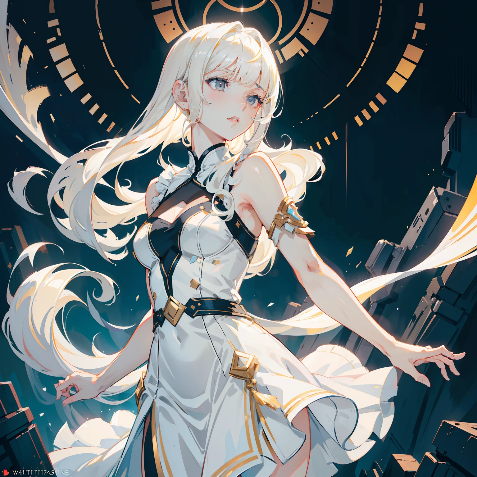 a handsome female, seductive, ((blunt bangs)) Pop star, idol, In the show, Attractive, Sexy Eyes,  tender, Young, Short hair, full - body, from league of legends, trend on artstation, Author: Rhodes, Andreas Rocha, rossdraws, makoto sinkai, Laurie Greasley, Lois van Baarle, Ilya Kuvshinov and Greg Rutkowski, (((1 girl))), (((whitedress))), (((light blond long hair))), ((loose hair)), ((Two long tails on the sides)), ((( light gray eyes))), hight resolution, (((perfect anatomy))), ((Perfect rendering)), ((Perfect hair anatomy)), Best Light Shadow, Extremely detailed, finely detailed face, Detailed hair, A detailed eye, Detailed arm, Five fingers on each hand, (((light white dress))), ((night city))