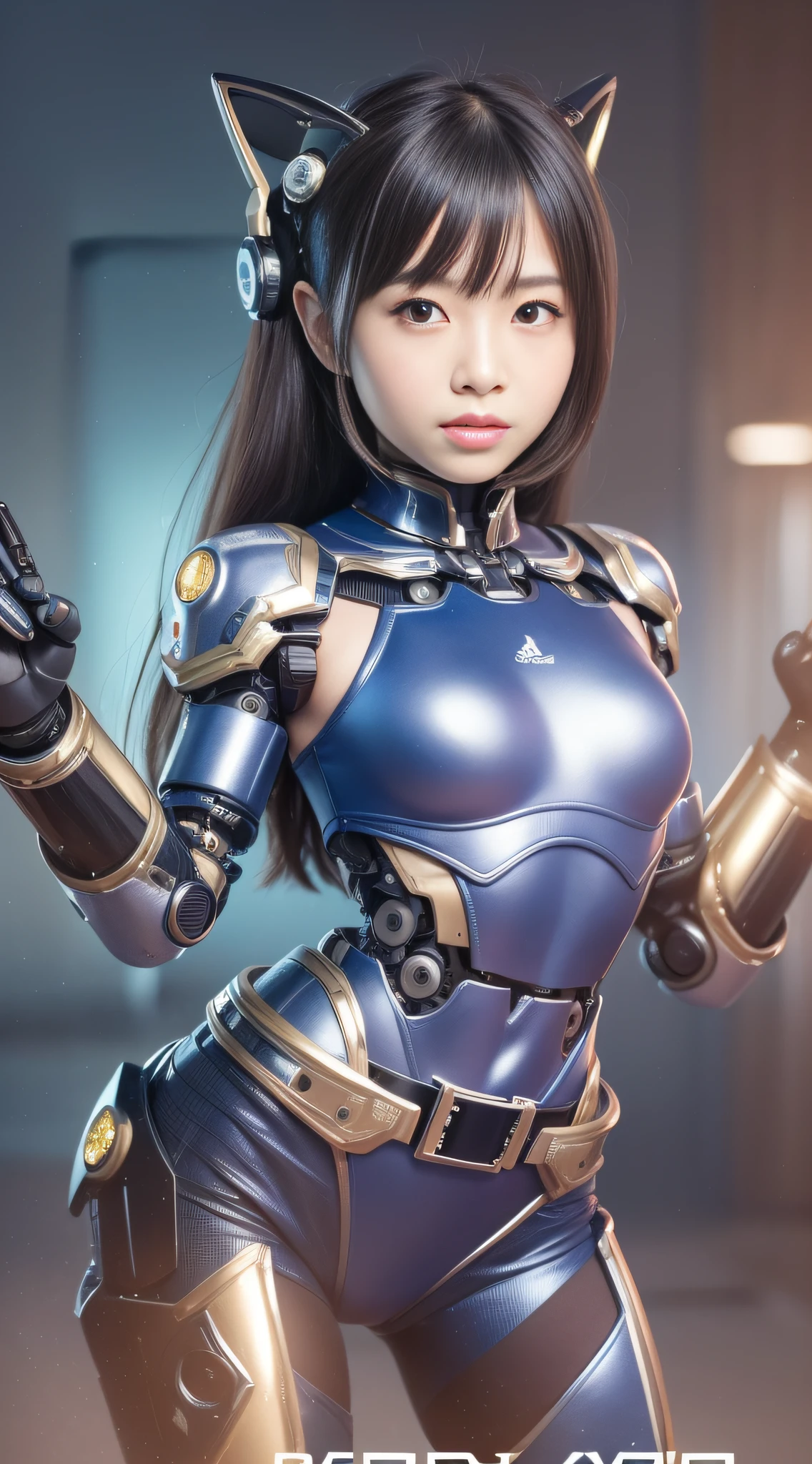 (Photorealsitic:1.4)、Onegirl、(top-quality)、(hyperdetailed face)、(Super well-formed face)、((Robot Parts))、(Cyborg girl)、(Silver)、(metalic)、(fullllbody)、(sexy  pose)、(Slender body)、(Model body type)、(mecha exposure)、(akihabara)、(is looking at the camera)、(A dark-haired)、(１０Head and body)、(a small face)、(Idol)、(front facing)、(is standing)、(Banzai pose with open arms)、(Photo session)、(Looks sad)、(Cyborg girl in blue satin dress)、(Golden button)、(sleeve less)、(a miniskirt)、(a belt)