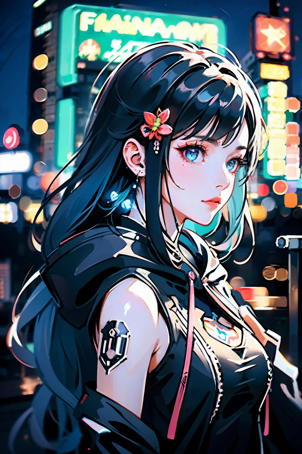 (Masterpiece), Best Quality, Ultra High Resolution, Little Girl, Cyberpunk 1girl Flying over Stunning Cityscape, Hoodie, Blue Hair, Neon Shooting Star, Very Long Hair, Off-the-Shoulders, Feather Hair Ornaments, Neon Color, Glitter, Stunning Night Sky, Cinematic Lighting, Realistic, Realistic Skins, HDR, Fisheye