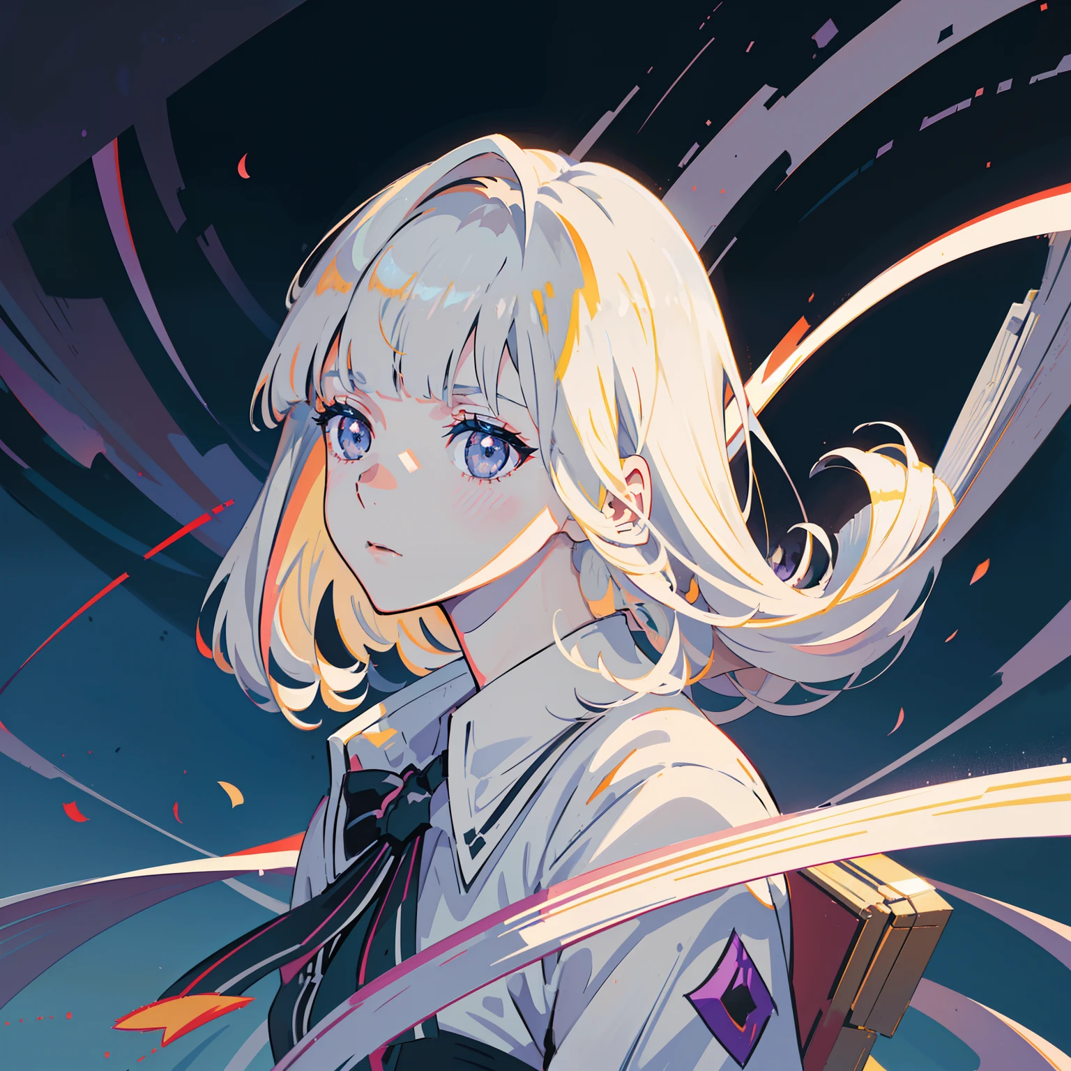 a handsome female, seductive, ((blunt bangs)) Pop star, idol, In the show, Attractive, Sexy Eyes, tender, Young, Short hair, full - body, from league of legends, trend on artstation, Author: Rhodes, Andreas Rocha, rossdraws, makoto sinkai, Laurie Greasley, Lois van Baarle, Ilya Kuvshinov and Greg Rutkowski, violet eyes, (((1 girl))), (((whitedress))), (((light blond long hair))), ((loose hair)), ((Two long tails on the sides)), ((( light gray eyes))) , (((anime portrait))), (((Anime Style 91 Day))), (pale skin), The American atmosphere of the 20th century, hight resolution, (((anime portrait))), (((perfect anatomy))), ((Perfect rendering)), ((Perfect hair anatomy)), Best Light Shadow, Extremely detailed, finely detailed face, Detailed hair, A detailed eye, Detailed arm, Five fingers on each hand, (((the gloomy city of America of the past 20th century))).