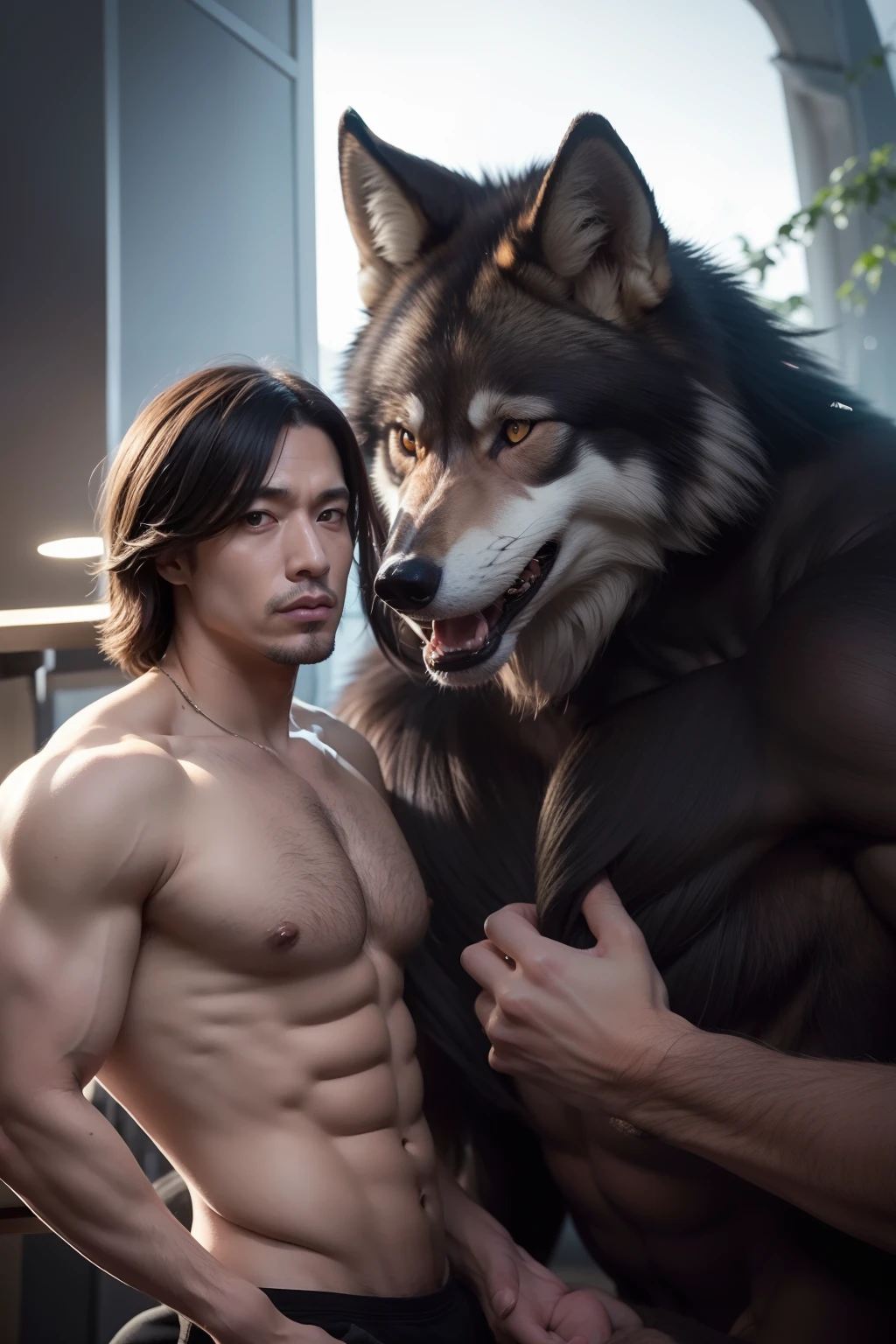 masutepiece, Hyper realistic, 8K, werewolf man、Wolf in the face、Slender body、tall male、nails are long、barking、