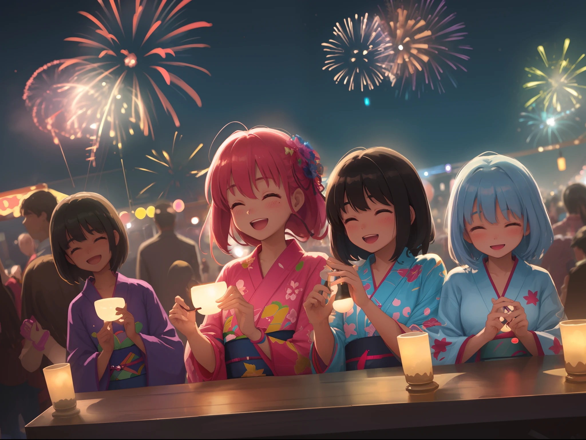 Local summer festival night、Fantastic lights illuminate the surroundings、age girls are going around the stall in yukata and smiling。I'm having fun with my friends.、The glow of youth is felt。Dreams and hopes dwell in their eyes、Looking up at the light of fireworks in the blue night sky、Sharing a moment of happiness。This moment is、With deep emotions、It will be engraved as a beautiful page of youth.、超A high resolution、8k、16k