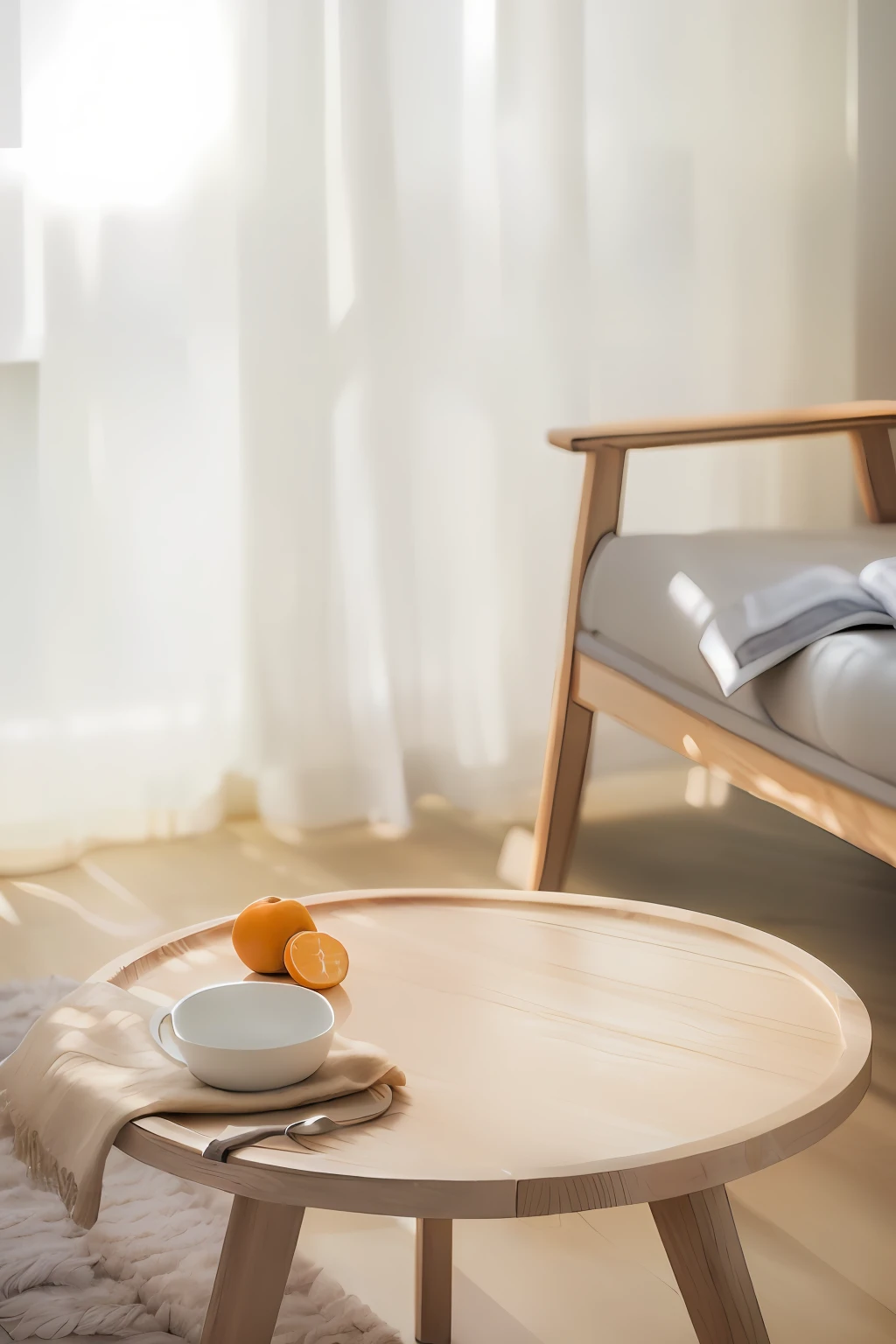 There is a table,On top was a bowl of oranges, center focus on table, table in front with a cup, on a wooden tray, wooden coffee table, minimalist furniture, wooden side table, detailed wooden table, afternoon sunlight, with backdrop of natural light, a round minimalist behind, on a wooden desk, Soft morning light, product introduction photos, product introduction photos
