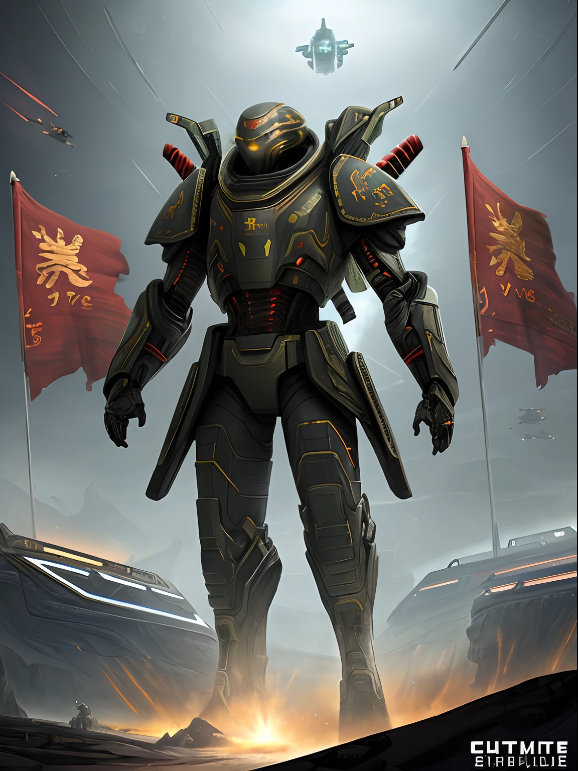 Future Battlefield, Alien Civilization War, Gunsmoke fills, A red flag was planted on a small mound, Soldiers in Chinese armor, full armour, The background is the army of the SA, The picture is stunning, Magnificent, Magnificent, in the style of futuristic, Ultra-wide angle, Masterpiece, ccurate, Anatomically correct, Super detail, Award-Awarded
