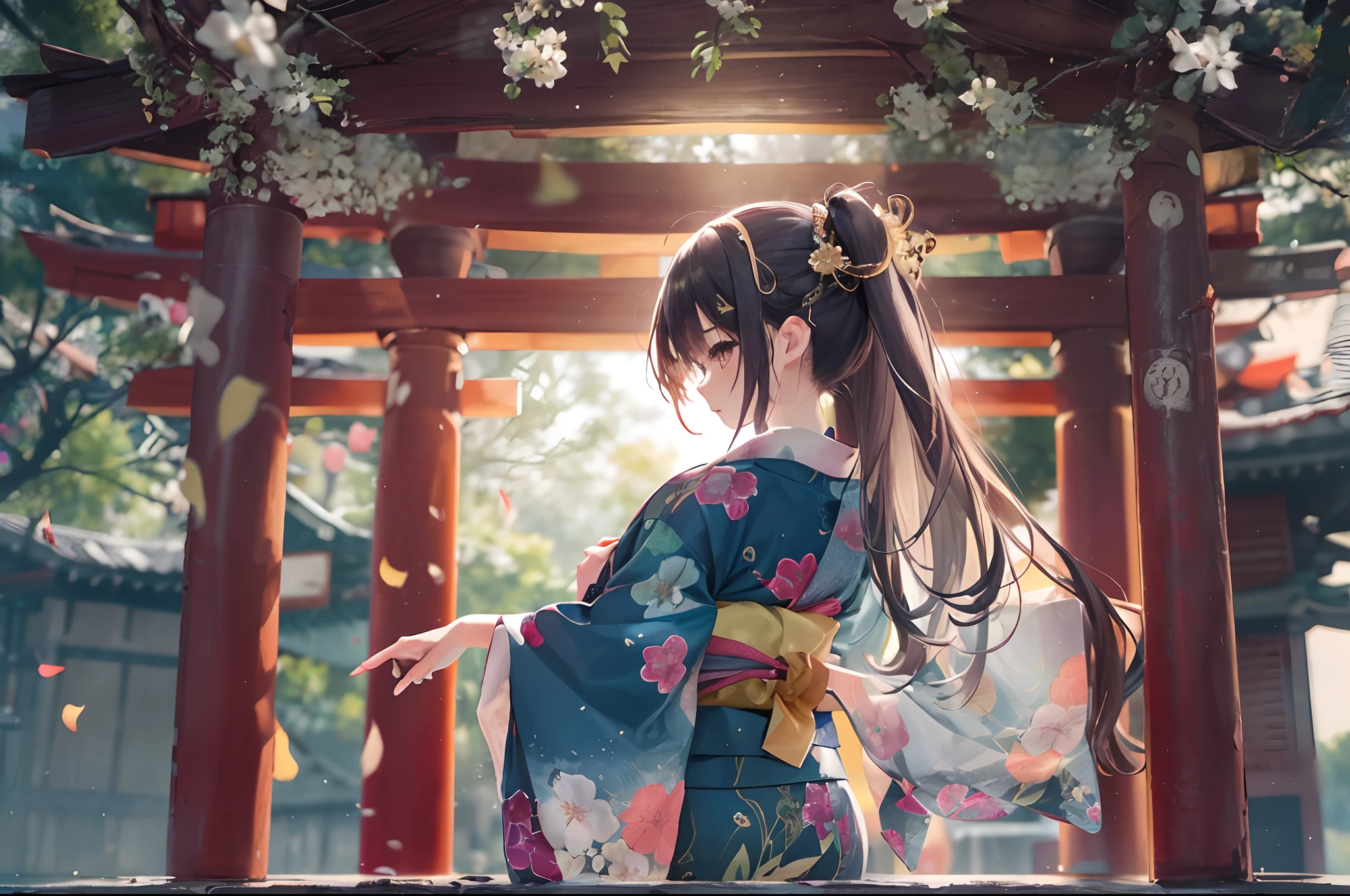 While the sunset casts a gentle light on the shrine、Teenage girl in yukata standing。The yukata she wears is、Artistic patterns drawn in high resolution、It has a detailed design。Yukata fabric fluttering in the wind、Colorful and beautiful、Among them her figure stands out。The photo taken from the side is、Elegant poses and shrine scenery harmonize、It leaves the impression of a wide work of art.、hight resolution、high-level image quality、8K、16 K