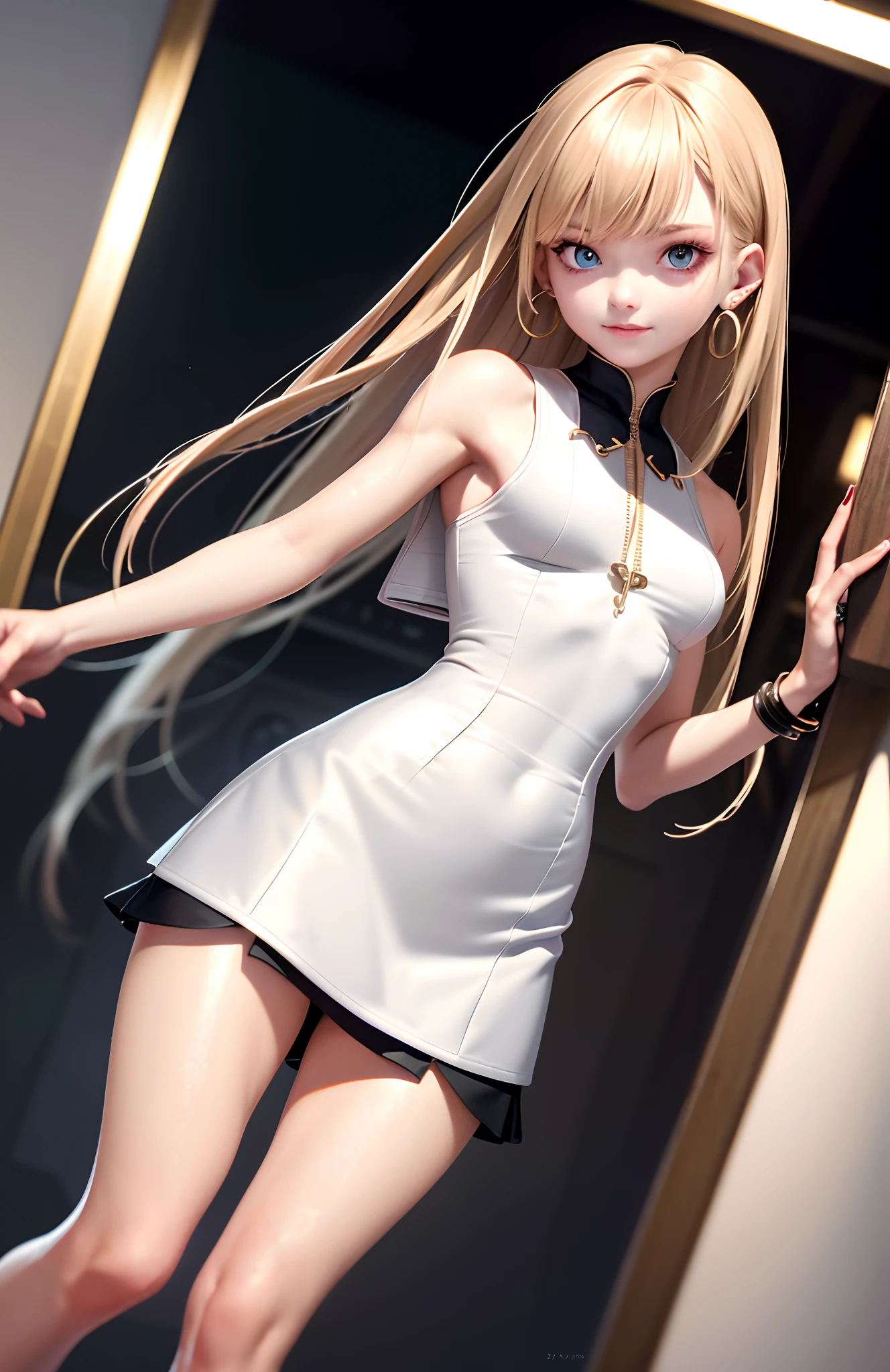 optimum,tmasterpiece,A high resolution,best qualtiy,hyper HD,super detailing,Award-Awarded,16k,独奏,(The upper part of the body),anatomy correct,Beautiful cyberpunk girl,Ex Machina,cute face,high light,Gradient Beige Hair,Hairline,((Scarlet eyes)),long eyelasher,Hanging eye corners,White skin of the,(small boobs),(Slim body),((vest)),((high-waist_Skirt)),(),ear studs,(neck rings),(Laser material clothing:1.2)