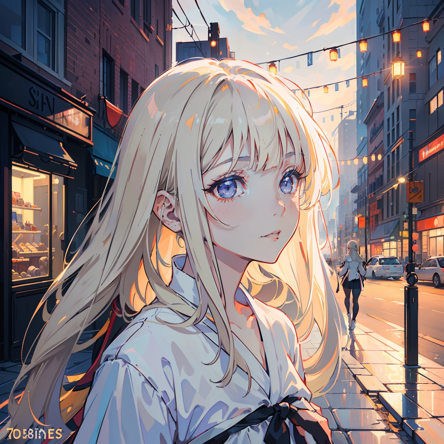a handsome female, seductive, ((blunt bangs)) Pop star, idol, In the show, Attractive, Sexy Eyes, tender, Young, Short hair, full - body, from league of legends, trend on artstation, Author: Rhodes, Andreas Rocha, rossdraws, makoto sinkai, Laurie Greasley, Lois van Baarle, Ilya Kuvshinov and Greg Rutkowski, violet eyes, (((1 girl))), (((whitedress))), (((light blond long hair))), ((loose hair)), ((Two long tails on the sides)), ((( light gray eyes))) , (((anime portrait))), (((Anime Style 91 Day))), (pale skin), The American atmosphere of the 20th century, hight resolution, (((anime portrait))), (((perfect anatomy))), ((Perfect rendering)), ((Perfect hair anatomy)), Best Light Shadow, Extremely detailed, finely detailed face, Detailed hair, A detailed eye, Detailed arm, Five fingers on each hand, (((the gloomy city of America of the past 20th century))).