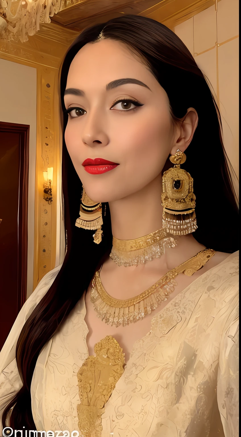 Camera Angle: Close-up shot capturing Cleopatra reclining on an ornate golden throne, gazing into the distance with a regal air.
Framing and Cropping: Subject fills the frame, focusing on her head and upper body, showcasing her royal presence.
Lighting: Warm, golden light reminiscent of ancient Egyptian luxury.
Background: Luxurious palace adorned with intricate hieroglyphs and opulent draperies.
Hair: Elaborate, braided, and adorned with gold accessories.
Eyes: Mesmerizing dark, kohl-lined eyes that reveal both wisdom and allure.
Complexion: Smooth, with a hint of a sun-kissed glow.
Body Type: Elegant and slender, reflecting regal poise.
Style: Lavish Egyptian attire with gold jewelry and richly decorated fabrics.
Skin Blemishes: Virtually flawless, capturing Cleopatra's timeless beauty.
Background: Opulent Egyptian palace with grand columns, precious artifacts, and a sense of historical grandeur.