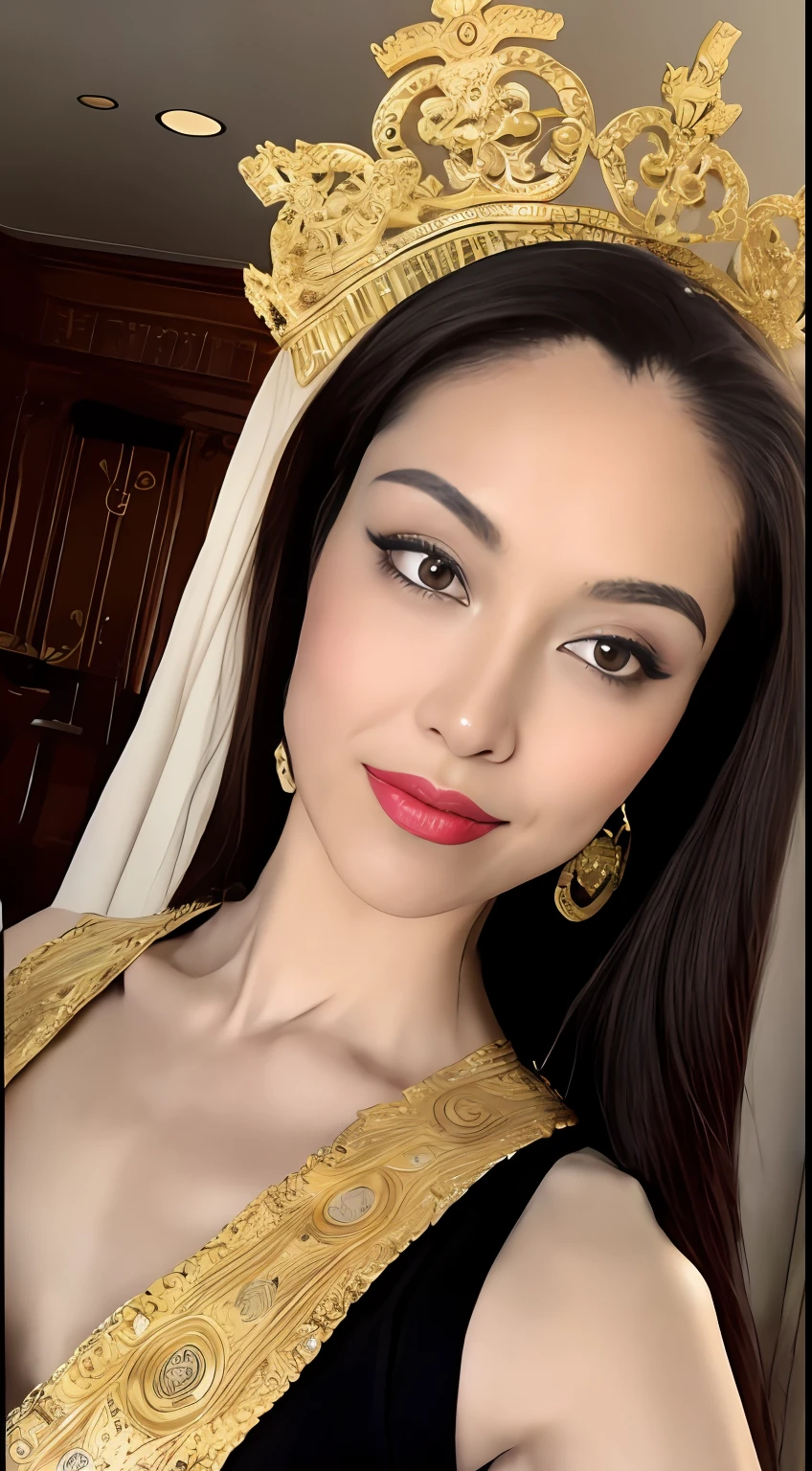 Camera Angle: Close-up shot capturing Cleopatra reclining on an ornate golden throne, gazing into the distance with a regal air.
Framing and Cropping: Subject fills the frame, focusing on her head and upper body, showcasing her royal presence.
Lighting: Warm, golden light reminiscent of ancient Egyptian luxury.
Background: Luxurious palace adorned with intricate hieroglyphs and opulent draperies.
Hair: Elaborate, braided, and adorned with gold accessories.
Eyes: Mesmerizing dark, kohl-lined eyes that reveal both wisdom and allure.
Complexion: Smooth, with a hint of a sun-kissed glow.
Body Type: Elegant and slender, reflecting regal poise.
Style: Lavish Egyptian attire with gold jewelry and richly decorated fabrics.
Skin Blemishes: Virtually flawless, capturing Cleopatra's timeless beauty.
Background: Opulent Egyptian palace with grand columns, precious artifacts, and a sense of historical grandeur.