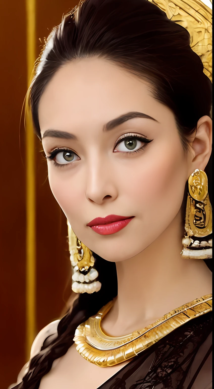 Camera Angle: Close-up shot capturing Cleopatra reclining on an ornate golden throne, gazing into the distance with a regal air.
Framing and Cropping: Subject fills the frame, focusing on her head and upper body, showcasing her royal presence.
Lighting: Warm, golden light reminiscent of ancient Egyptian luxury.
Background: Luxurious palace adorned with intricate hieroglyphs and opulent draperies.
Hair: Elaborate, braided, and adorned with gold accessories.
Eyes: Mesmerizing dark, kohl-lined eyes that reveal both wisdom and allure.
Complexion: Smooth, with a hint of a sun-kissed glow.
Body Type: Elegant and slender, reflecting regal poise.
Style: Lavish Egyptian attire with gold jewelry and richly decorated fabrics.
Skin Blemishes: Virtually flawless, capturing Cleopatra's timeless beauty.
Background: Opulent Egyptian palace with grand columns, precious artifacts, and a sense of historical grandeur.