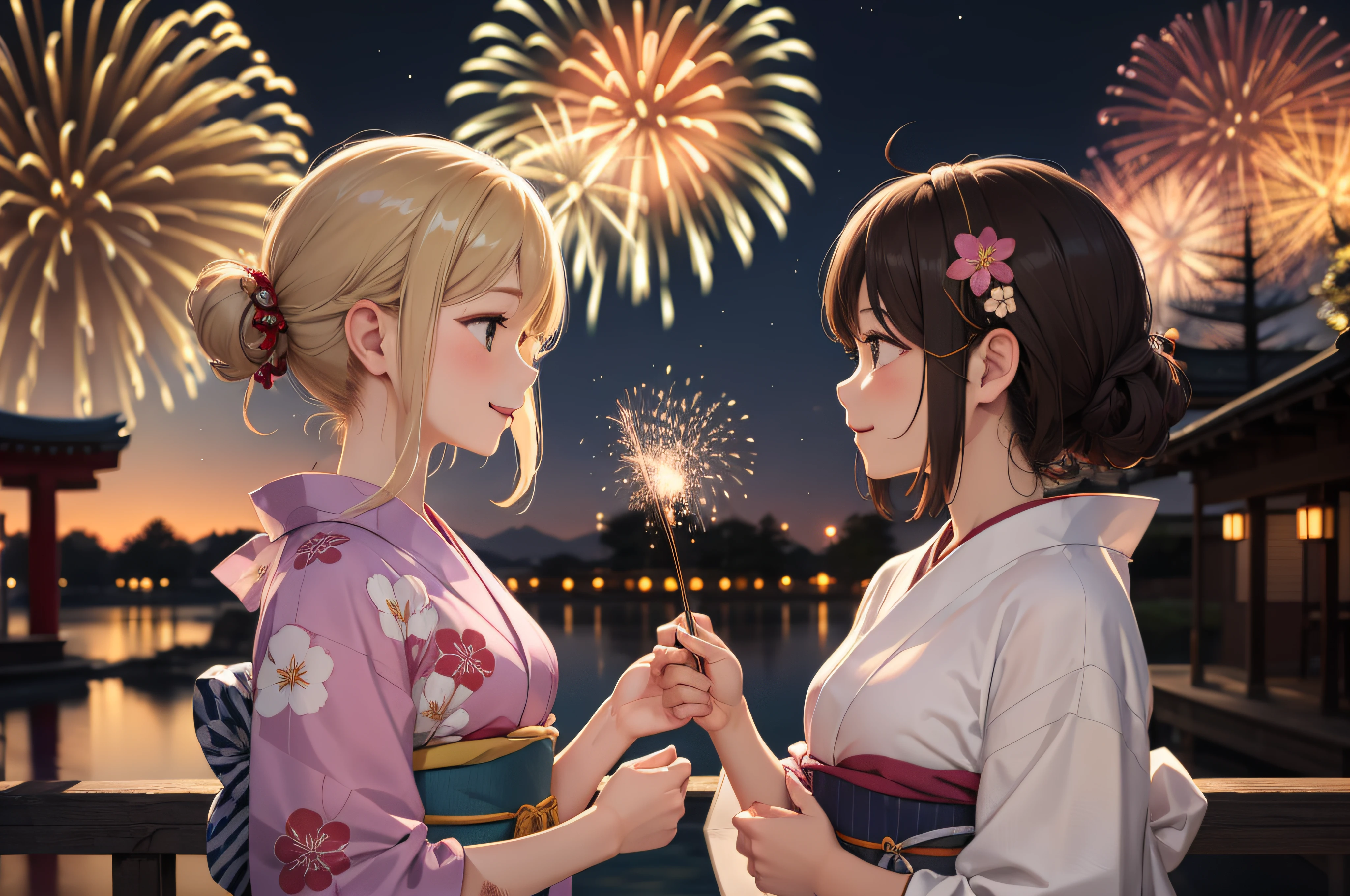 Lots of fireworks in the sky、​masterpiece、top-quality、超A high resolution、8K、femele、Only one person、Beautie、Person should be on the far right、Upper body only、Holding nothing in the hands、japanes、profile、Floral yukata、******、a smile、kirakira、natta、Brown hair