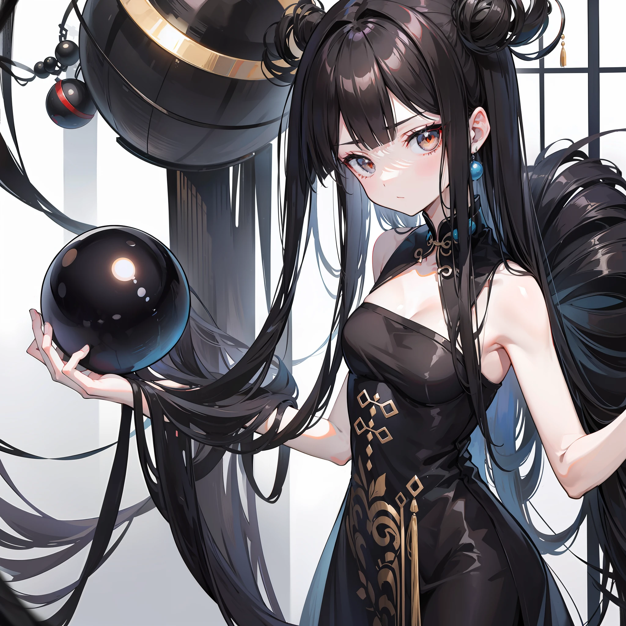 Brunette beauty，black color dress，Chinese style ball head，figure eight bangs，Extremely thin，Sick，Tall