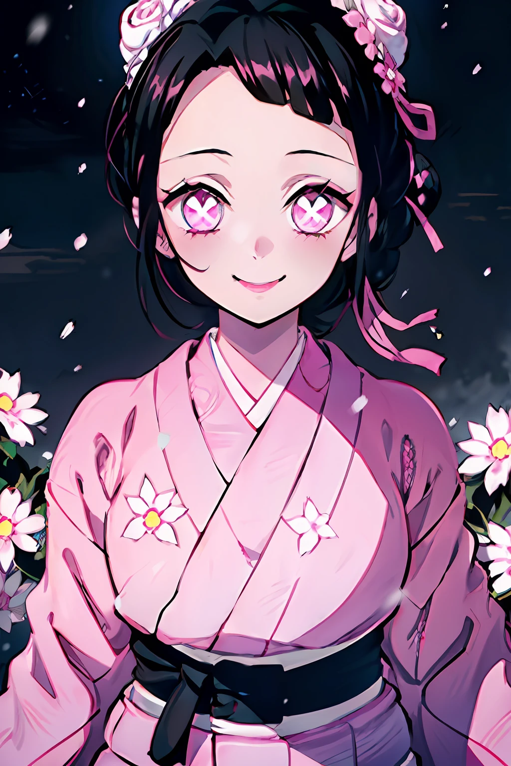 Kimetsu no Yaiba style, 1girl, 独奏, Smile, pink eyes, white pupils in the shape of flowers, black  hair, hair gathered in a bun, Fastened with a stud,  pink kimono, Obi Belt,  ((Masterpiece)), ((portraite of a)), snowing, Drifts, dark sky, Snowflakes fall