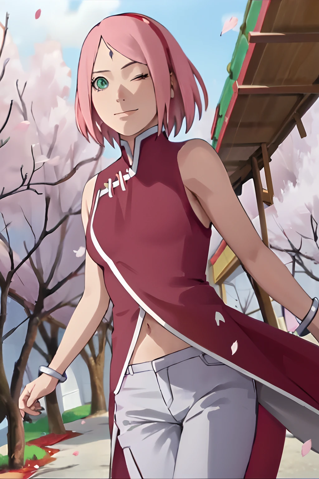 masterpiece, absurdres ,1girl, haruno sakura,forehead mark, red hairband, red sleeveless dress, navel, groin,white pants, bracelet, cherry blossoms, falling petals, wind, floating hair, one eye closed, looking up, smile, wariza,