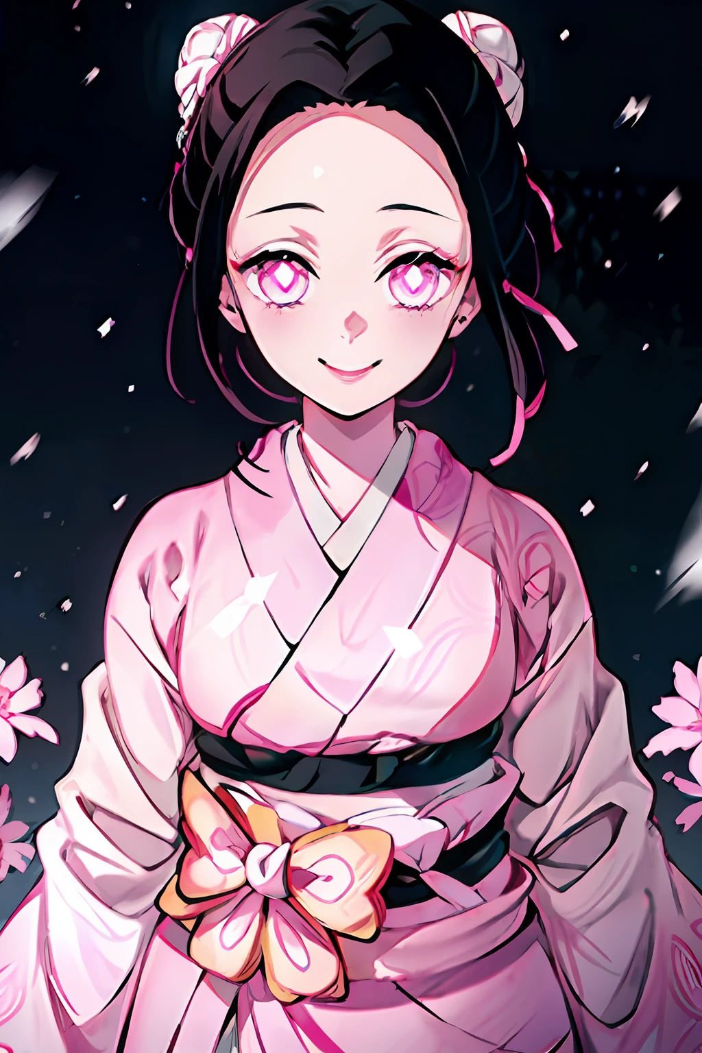 Kimetsu no Yaiba style, 1girl, 独奏, Smile, pink eyes, white pupils in the shape of flowers, black  hair, hair gathered in a bun, Fastened with a stud,  pink kimono, Obi Belt,  ((Masterpiece)), ((portraite of a)), snowing, Drifts, dark sky, Snowflakes fall