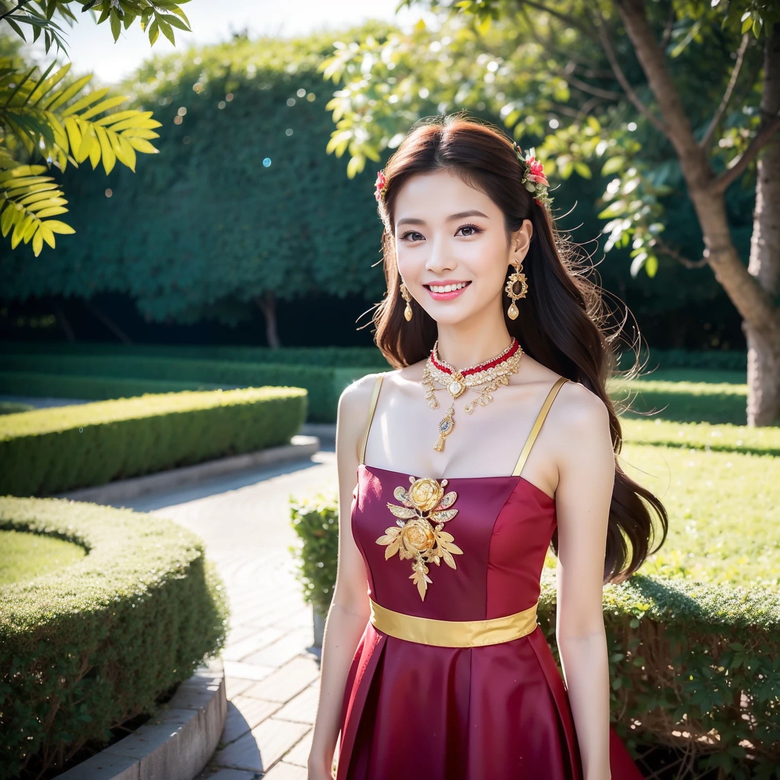 （8K分辨率，fully body photo，Photographs of legs，Wallpapers），（A pair of twin females，20yr old，（The facial features of Thai Aump：1.8，Thin skeletal cheeks，s delicate face），com rosto detalhado，Lovely face，com rosto detalhado，详细的脸，Ultra-fine makeup，Black colored eyes，（Look into the distance），Long dark red hair，（Messy has layers），Redlip，Fair smooth skin，（Best Skin Type：1.21），mediuml breasts，（Thai traditional clothing，（Thai evening dress，Siwalai），Luxurious ladies' tube dresses，A small number of flower hairpins，Luxurious necklaces and bracelets），Tall and tall，The action of flying kisses，perfect hand，Ultra-fine clothing material），（Thai Farm House，tropical trees，Flower wall，Exquisite environmental details），（exhilarated，confident smile，Rejoice），（profesional lighting，动态照明），（（The colors are relatively uniform，subtle sensuality，vivaciousness，rays of sunshine（golden colored，red colour，in pink））），（Golden section，Cinema lenses，Dynamic shots，Hasselblad photograp，tmasterpiece：1.3），（adolable，rays of sunshine，vivaciousness，mistic，dream magical，Little woman，trendsetting，Street style，Artis，Art platform）