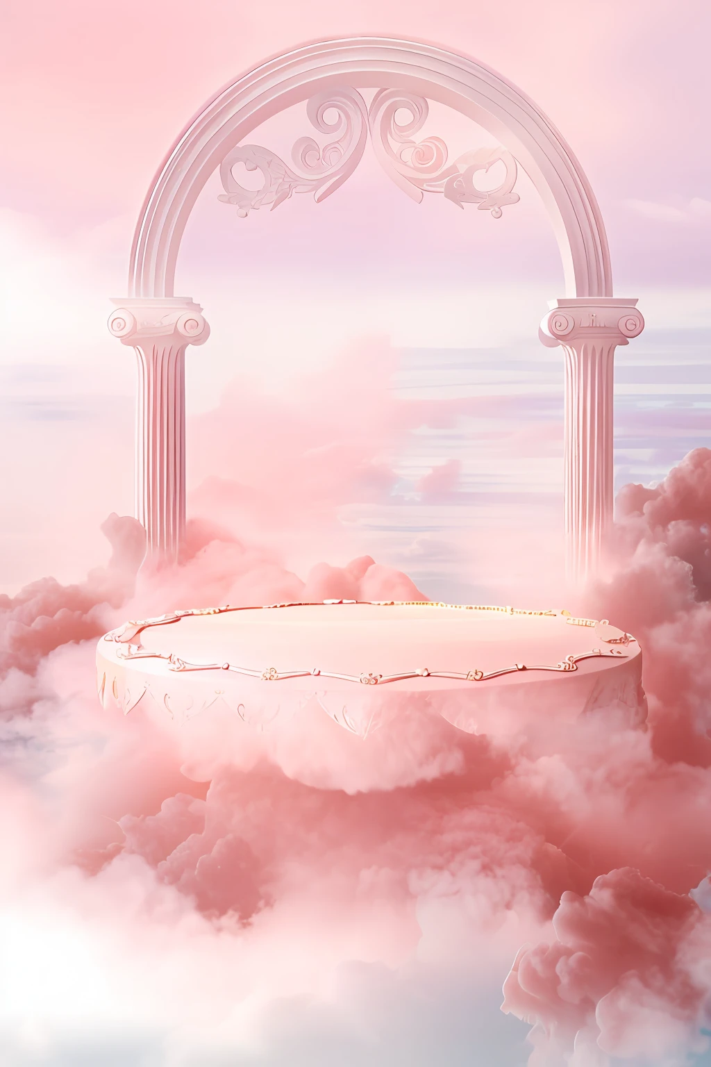 There is cake on the table in the clouds, fairy tale style background, stunning arcanum backdrop, Magical cloudy background, palace background, palace floating in heaven, paradise background, ballroom background, pink fog background, lie on white clouds fairyland, flying cloud castle, light kingdom backdrop, heaven pink, gymnasium background, dreamy atmosphere and drama, Cloud Palace