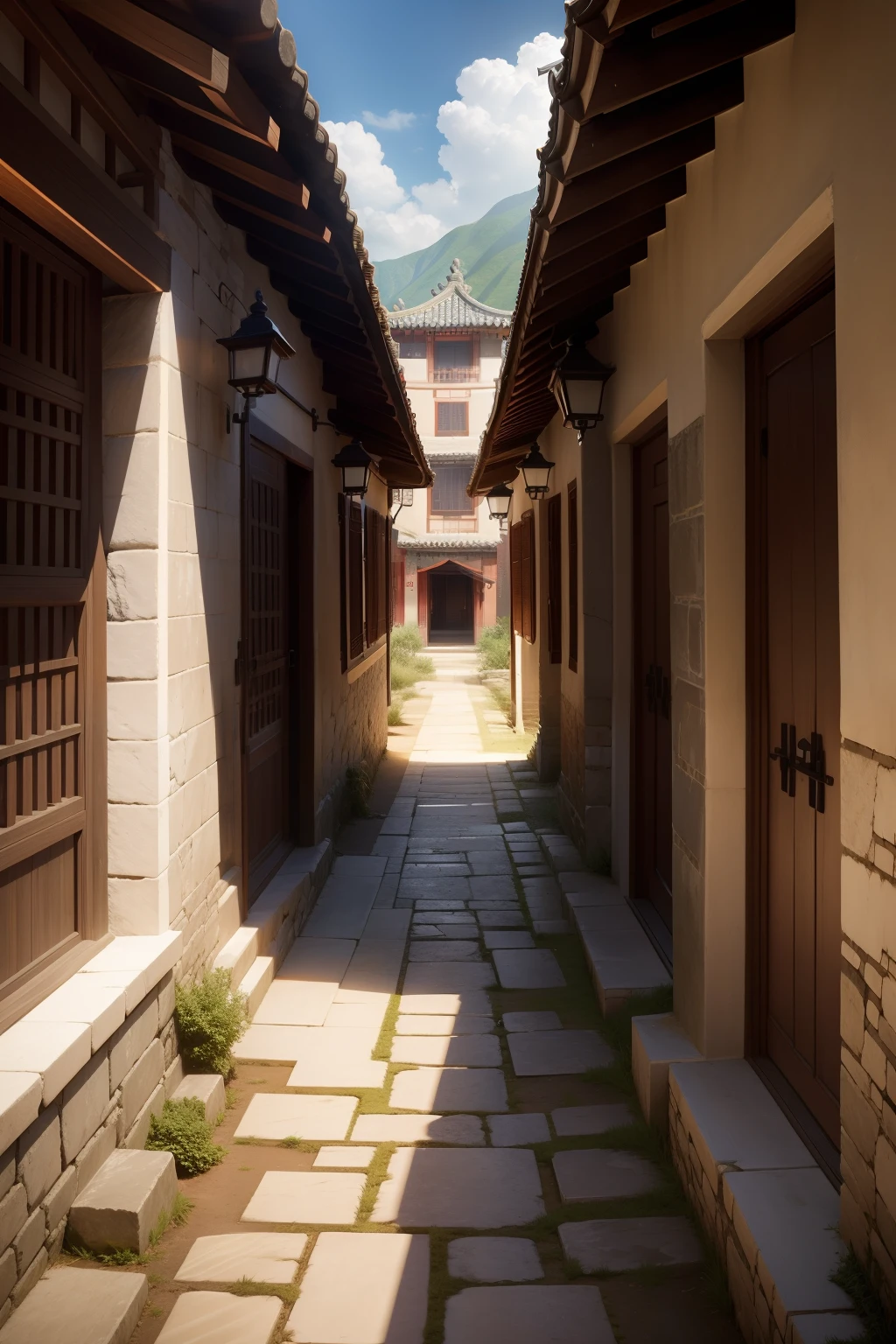 The old stone alleys of the village with ancient Chinese architecture on both sides,photorealestic,High-definition real view,real rendering