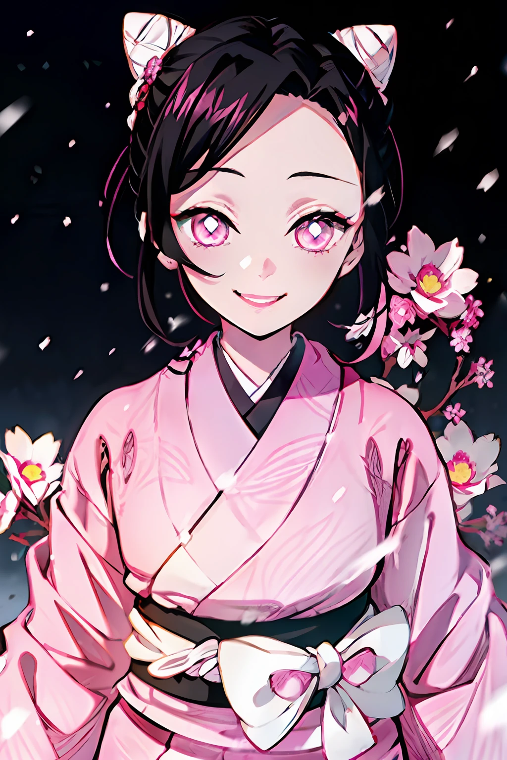 Kimetsu no Yaiba style, 1girl, 独奏, Smile, pink eyes, white pupils in the shape of flowers, black hair, hair gathered in a bun, Fastened with a stud, pink kimono, Obi Belt, ((Masterpiece)), ((portraite of a)), snowing, Drifts, dark sky, Snowflakes fall