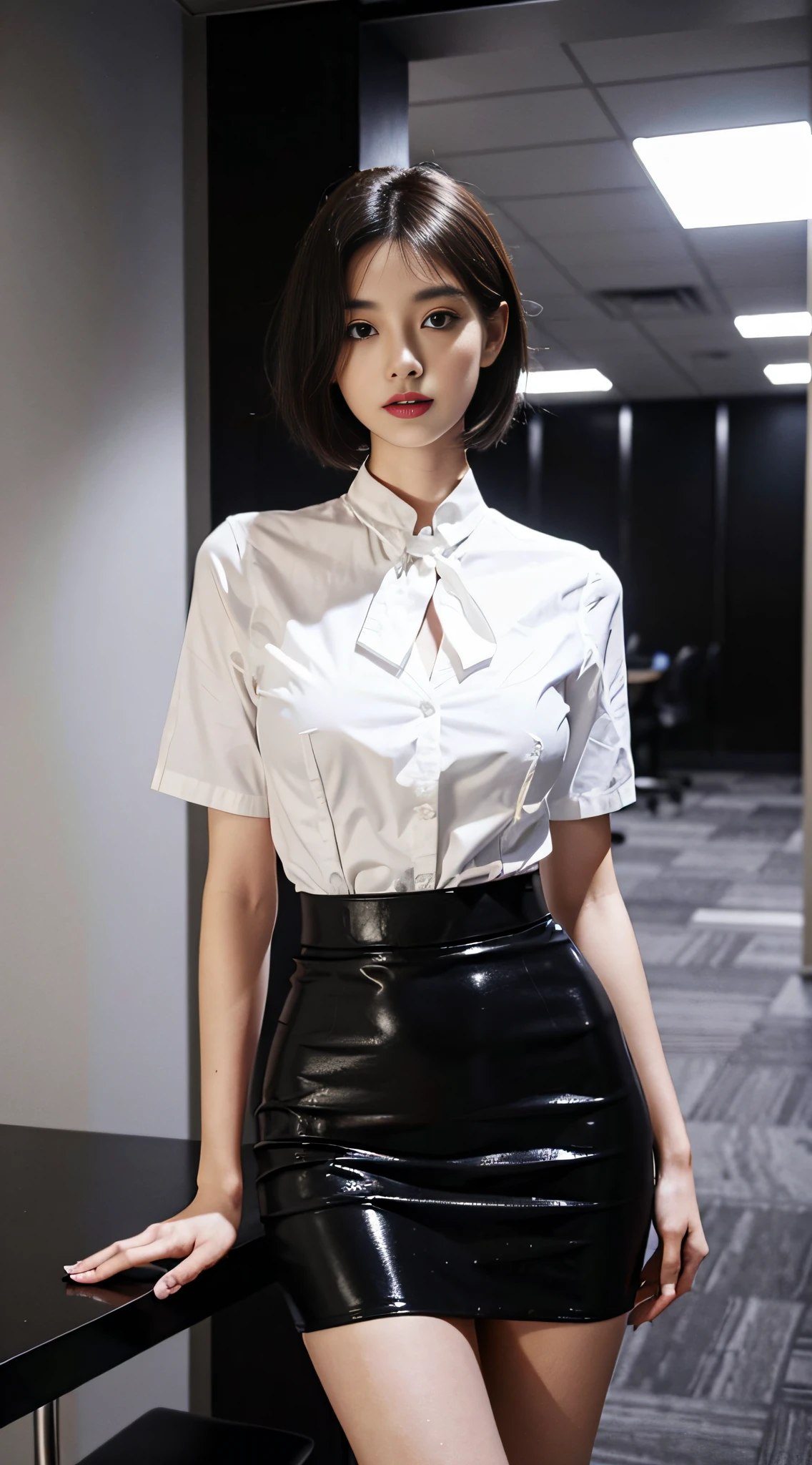 Beautiful female secretary、White blouses、Black tight skirt、slim figure、Oversized bust、Slim Girl Model、24 year old female model、long legged、meeting room、Short-cut hair、