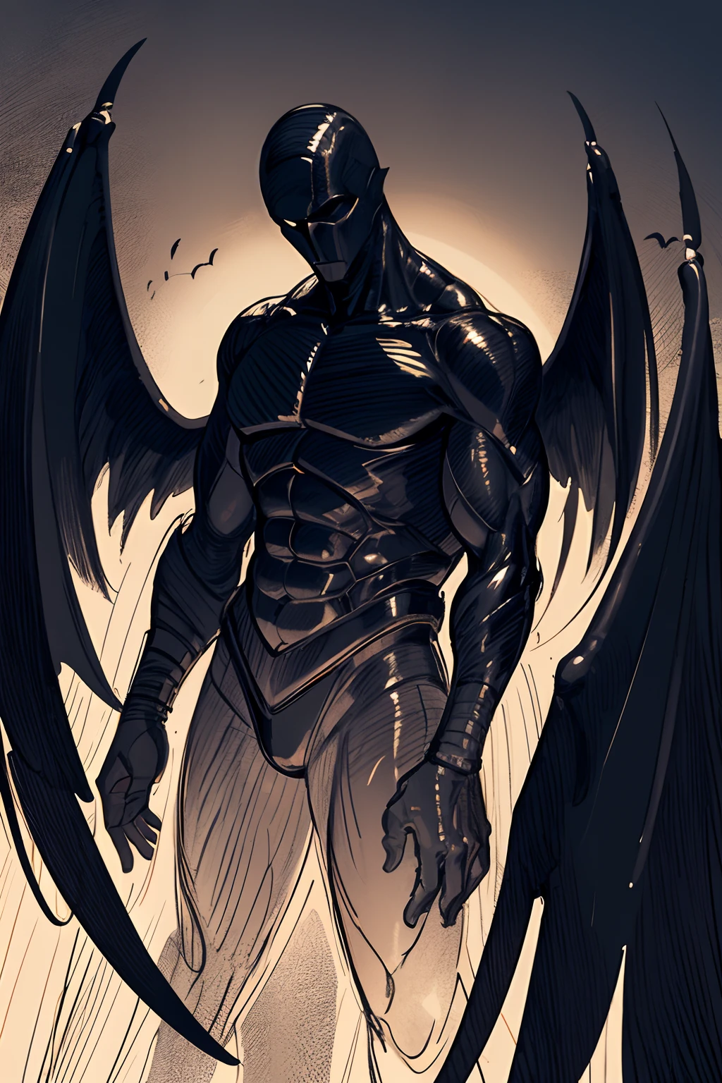 sketch a black (noir) faceless humanoid man with giant wings, semi naked, muscular, in a colorful garden, horror entity with wings, male aeromorph, symmetrical epic dark fantasy creature, huge wings, wispy gigantic wings, dark feathered wings, winged boy, massive wing, (best quality), (masterpiece), no armor, no horns,