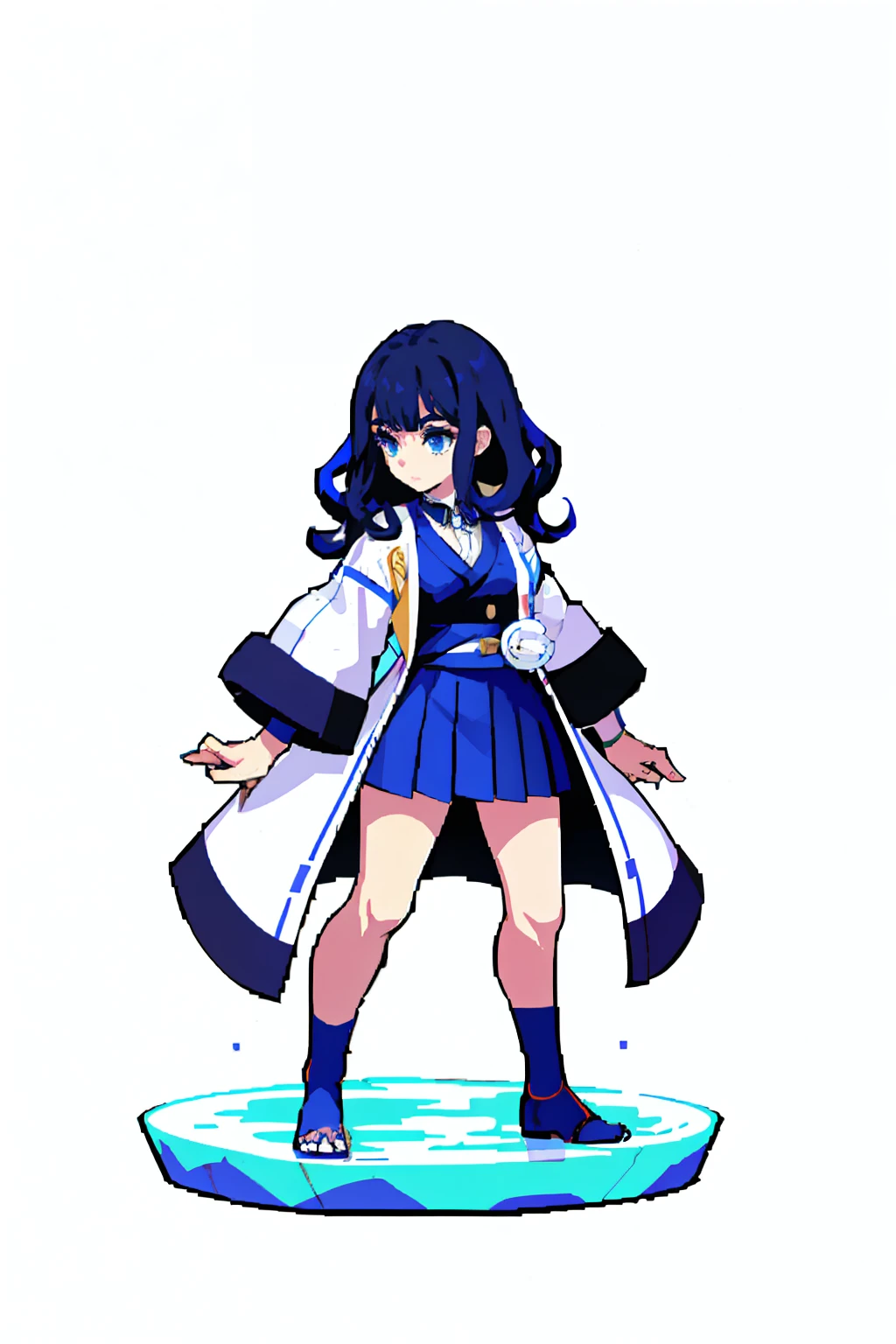 (tmasterpiece, hiquality, beste-Qualit), pixel, Pixel Art, 1 girl, body complet, 1girl, gacha splash, kimetsu no yaiba style, 1girl, medium curly hair, loose hair, navy blue hair, front two curly strands, bangs, blue eyes, japanese clothes, ((bare white coat)), long collared blue jacket , short blue skirt, standing knee-deep in water, shadows all around, fog as an effect