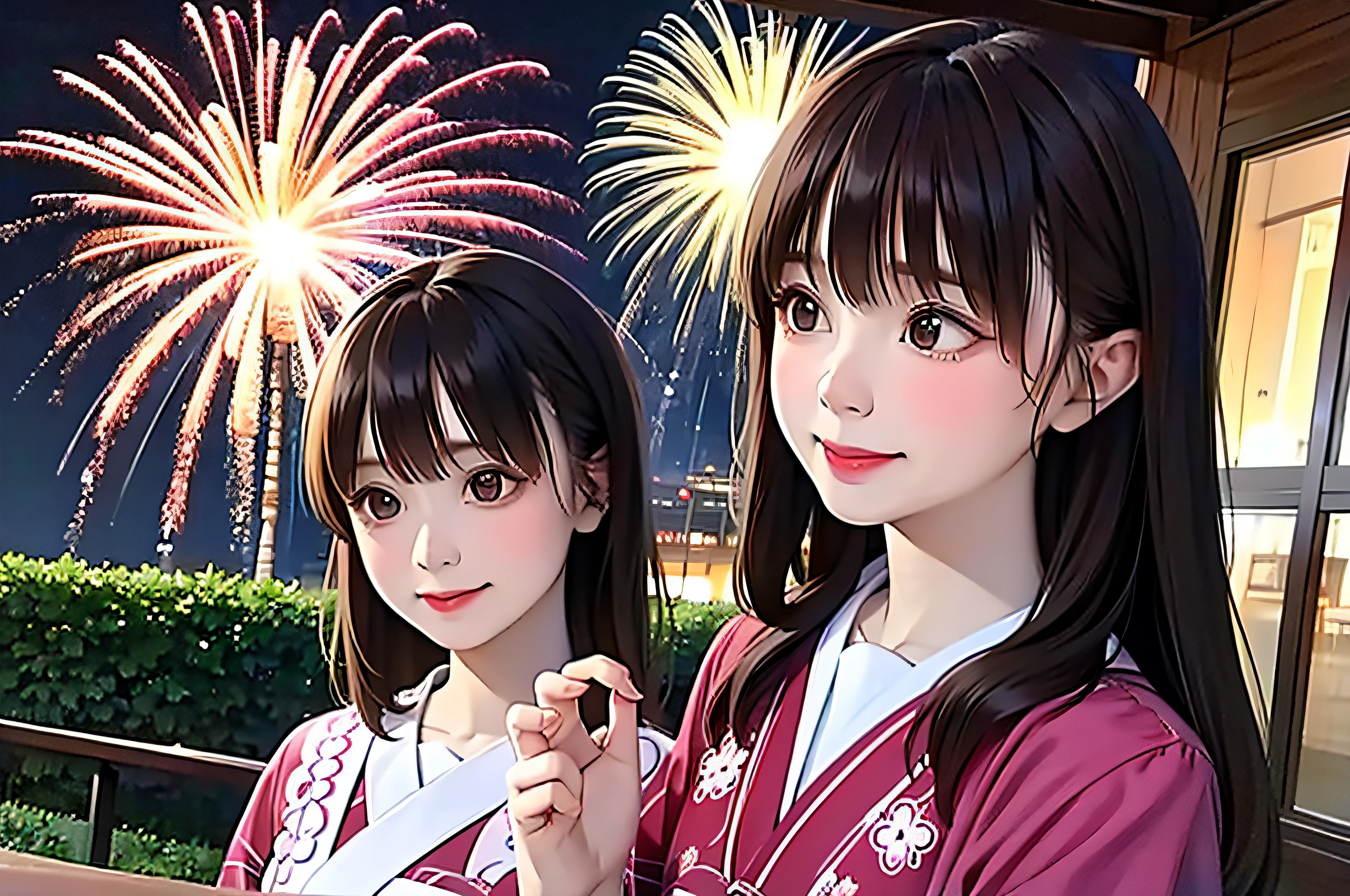 超A high resolution、8K,​masterpiece、top-quality、Lots of fireworks in the sky、femele、Only one person、profile、a smile、Fireworks Festival、skyrocket、Beautie、outside of house、mouth closes、Person should be on the far right、Upper body only、Holding nothing in the hands、Floral yukata、Brown hair、starrysky