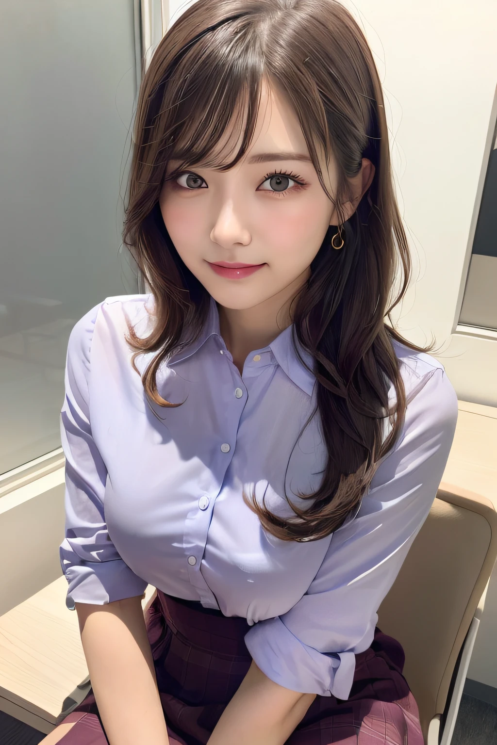 first person perspective, (masterpiece:1.3), High resolution, super detailed, Highly detailed CG Unity 8K wallpaper, realistic, photo-realistic, Raw photo, beautiful and detailed face, pale skin, realistic glistening skin, fine cloth texture, detailed hair texture, perfect body, beautiful face, Accurate, anatomically correct, Highly detailed face and skin texture, natural neck length, (beautiful hands), (Fair skin:1.2), thin legs, thin legs, neatly aligned teeth,
break,
fine eyes, symmetrical eyes, light brown eyes, double eyelid, thin eyebrows, (glossy lips:1.4), (sleepy face:1.2), (blush:1.3),
break,
(classy and cute girl:1.3), (wearing classy clothes (Light purple) button shirt:1.2), ((navy) イレギュラーヘムのlong skirt:1.2), close button, (long skirt),
medium breasts, (slender body shape:1.1), toned abdominal muscles, beautiful clavicle,
(dark blonde hair, wavy hair, long hair:1.2), ((asymmetrical bangs:1.2)),
break,
(on the table, (There is yakitori, french fries, salad, and「Takoyaki」 ):1.2), (sit in the chair opposite), ((put your elbows on the table、gently lift your chin:1.3)),
(in the outdoor 'Biergarten' of Japan at night)), (night), (night), (night), (upper body shot:1.2), looking at the viewer, From before,