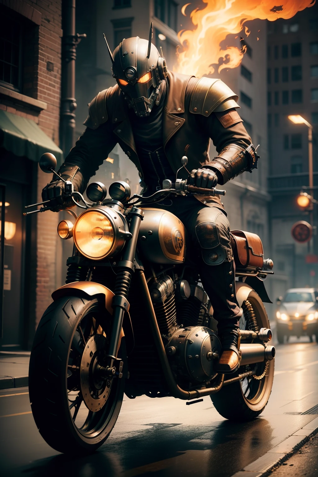 Robot driving steampunk style motorcycle，The robot has detailed textures，There is a flame on the wheels of the motorcycle，The roar of the engine sounded。The graphics are cool，Structuralist style，Combining precision instruments with traditional mythology，Large perspective screen。