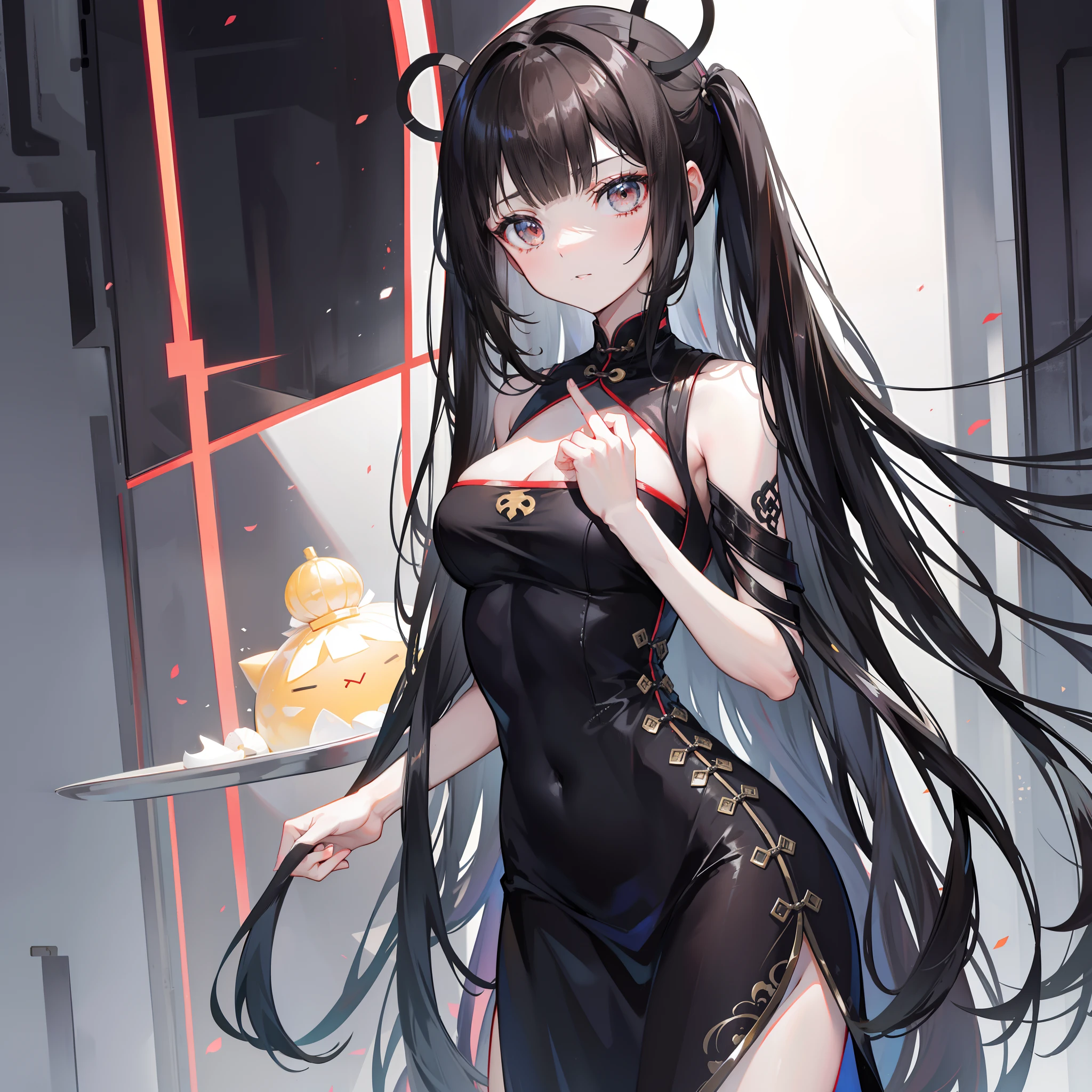Brunette beauty，black color dress，Chinese style ball head，figure eight bangs，Extremely thin，Sick，Tall