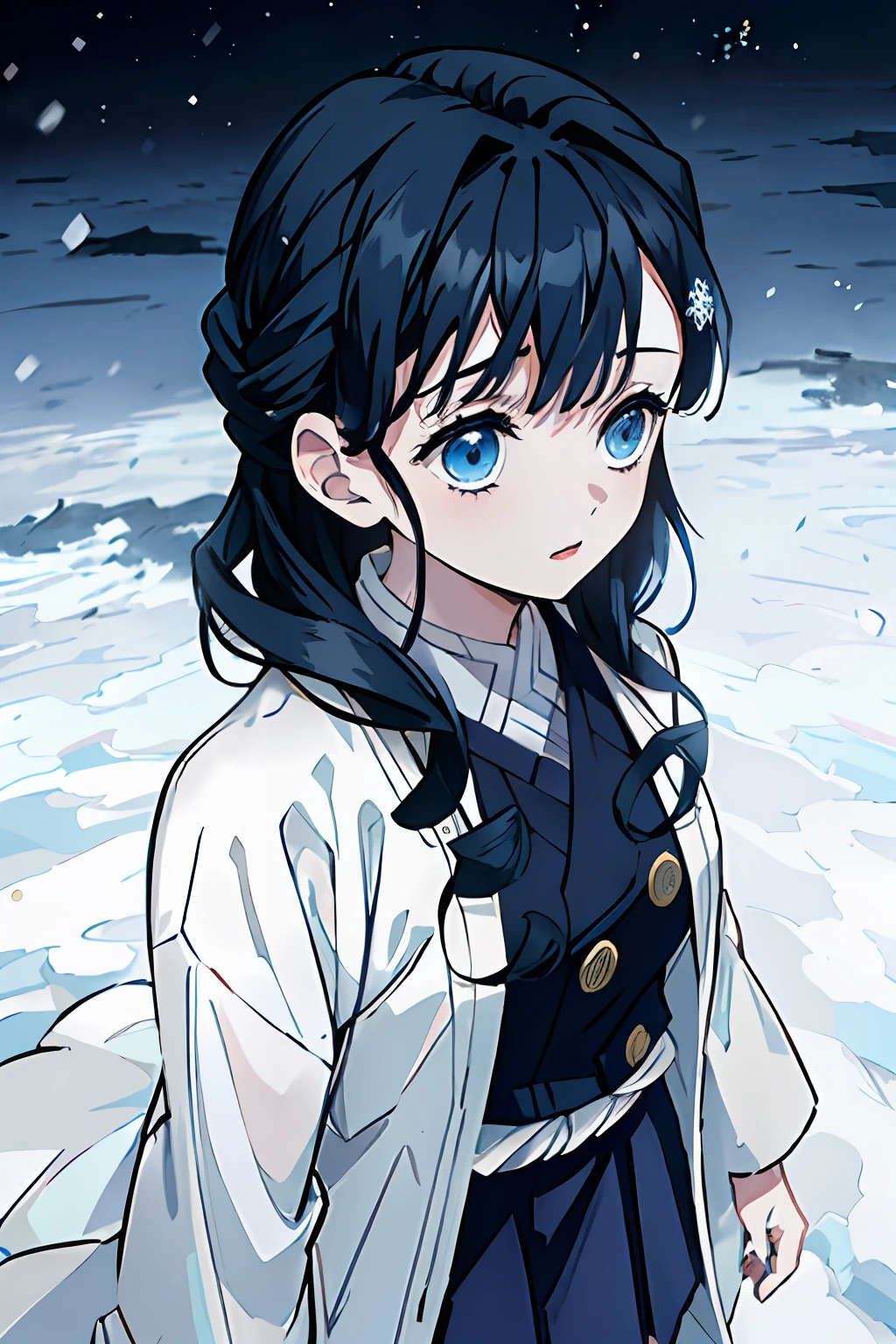 1girl, gacha splash, kimetsu no yaiba style, 1girl, medium curly hair, loose hair, navy blue hair, front two curly strands, bangs, blue eyes, Japanese clothes, ((bare white coat)), long collared blue jacket , short blue skirt,  ((Masterpiece)), ((portraite of a)), snowing, Drifts, dark sky, Snowflakes fall