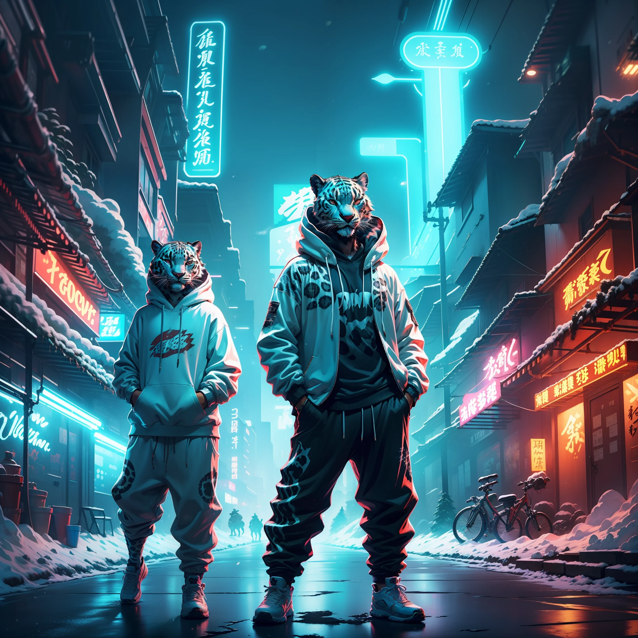 A cinematic Fursona snow leopard pose, detalhes de letras chinesas ao redor em neon, Leopard wearing sweatshirt and pants, Estilo hip hop Phonk, neon sparks