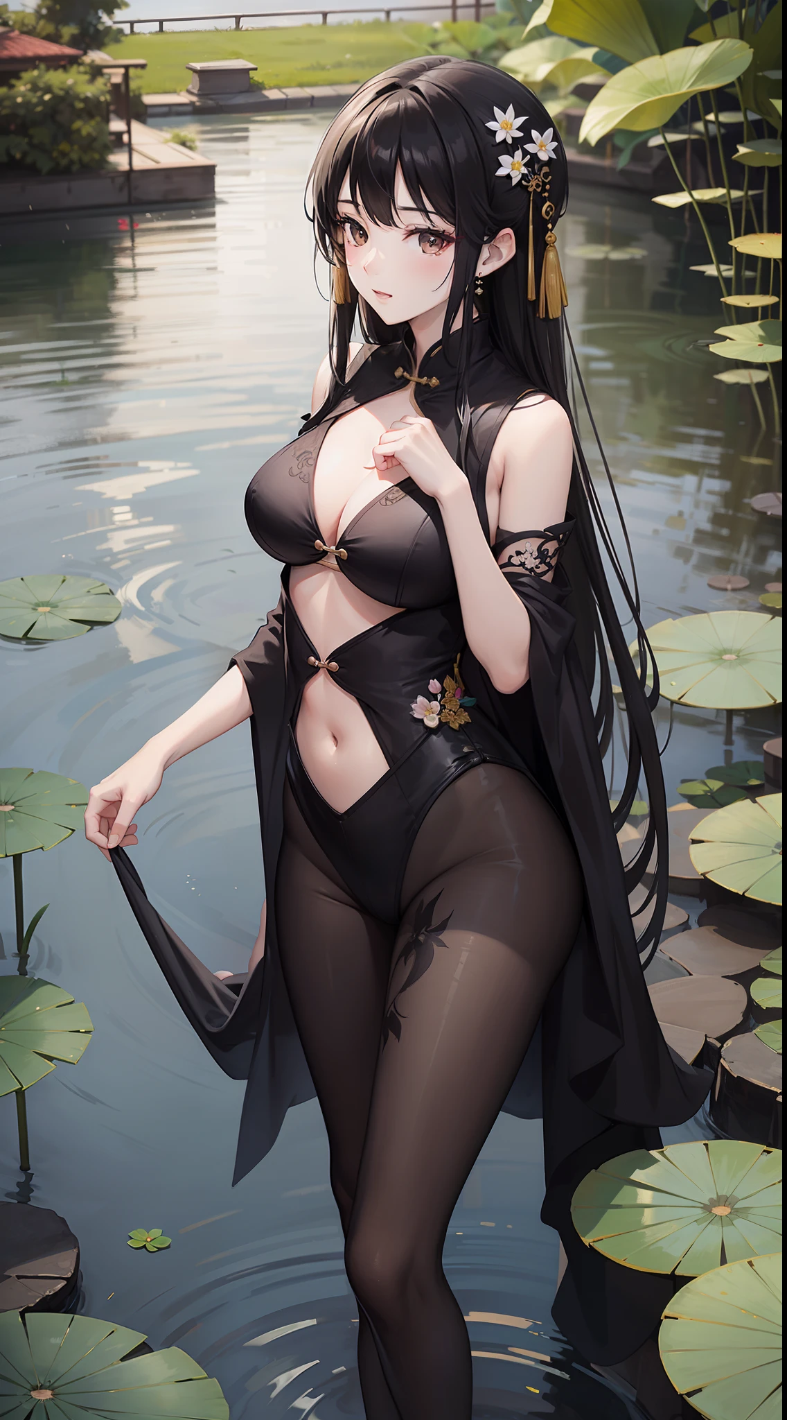 hoang lap,A high resolution,ultra - detailed,photo-realistic(1girll:1.3),handpainted,Simple lines, wearing black Chinese Hanfu,beuaty girl,In the lotus pond,tmasterpiece,standing in water,black pantyhoses,black pantyhoses,ssmile,looking toward the viewer,Large round chest,Gestures are natural,Raised sexy