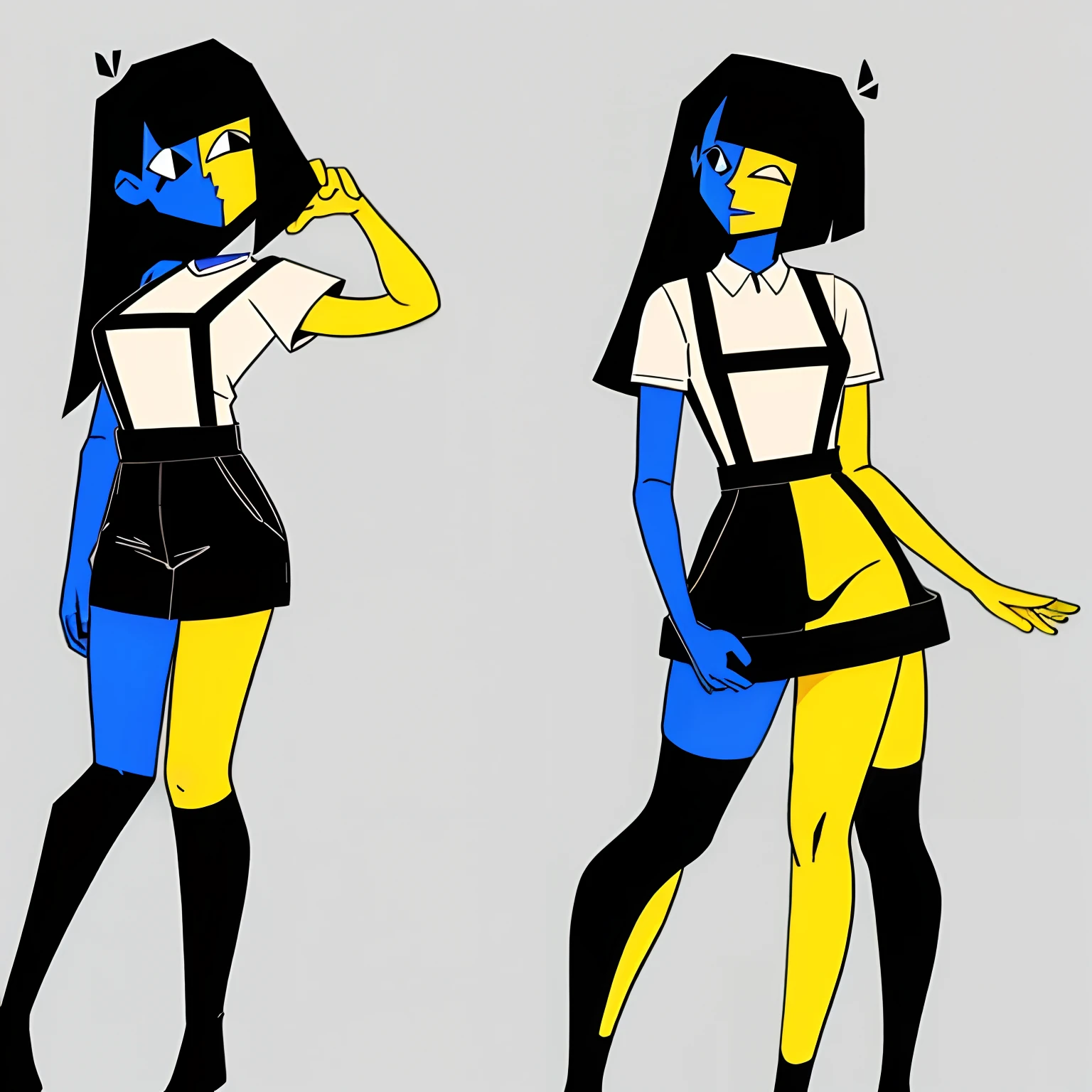 ENA (Joel G), split color body (blue on right, yellow on left), white t-shirt, black skirt with overall straps, 1girl, black socks (thigh-high on right, ankle on left), grain effect on hair, perfect anatomy, better hands,
