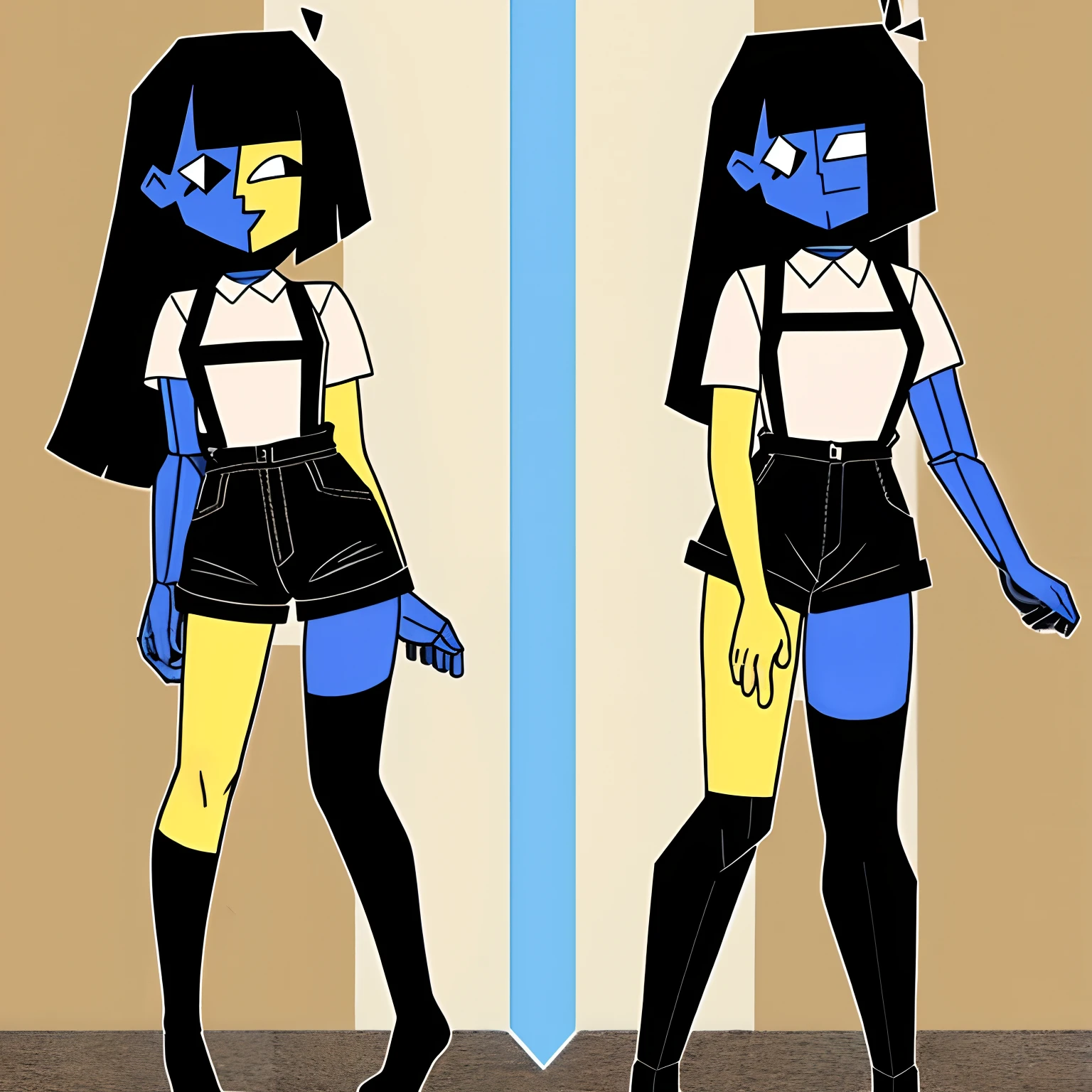 ENA (Joel G), split color body (blue on right, yellow on left), white t-shirt, black skirt with overall straps, 1girl, black socks (thigh-high on right, ankle on left), grain effect on hair, perfect anatomy, better hands,