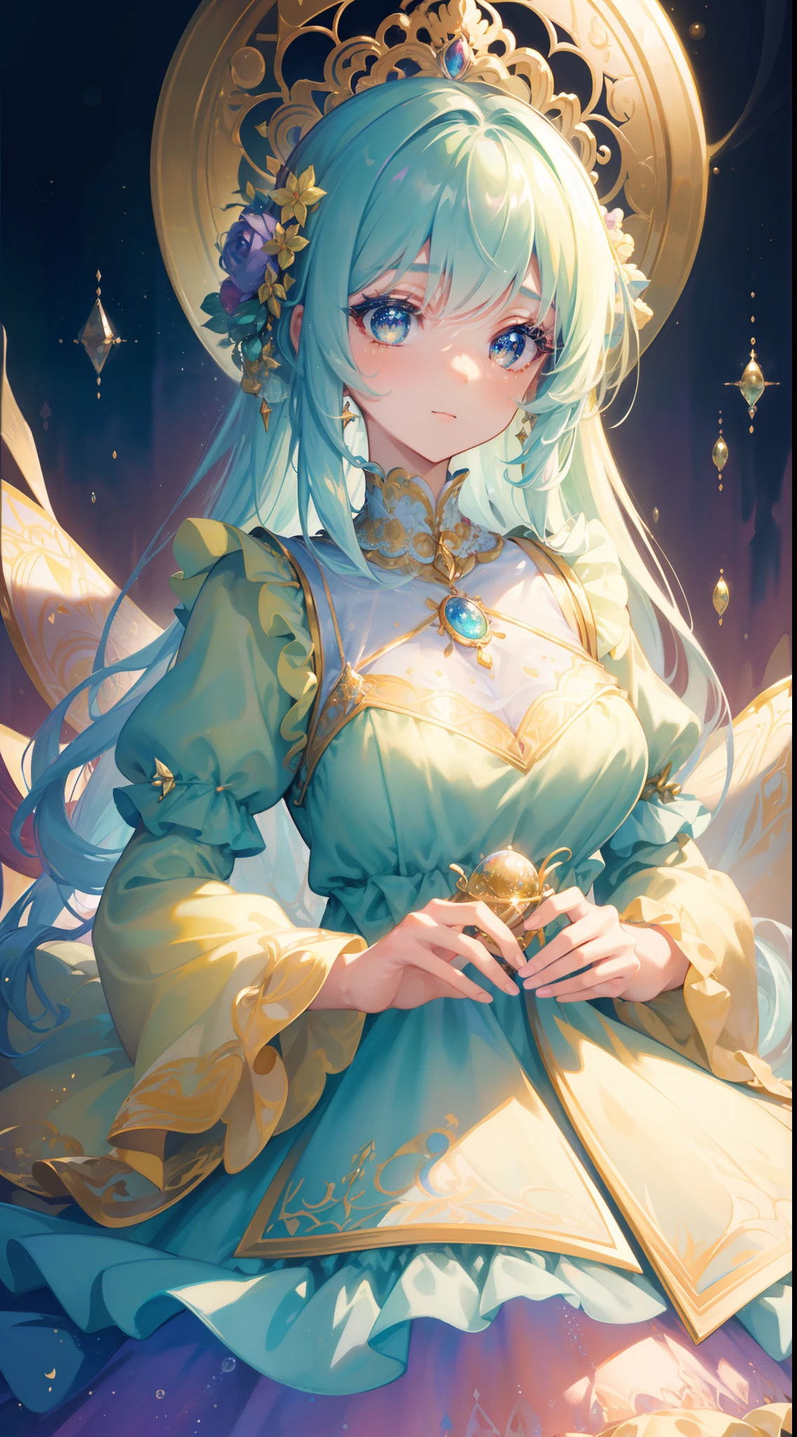 masterpiece, best quality, 8k resolution, sharp focus, intricate detail, beautiful girl, sparkling eyes, golden ratio face, otherworldly liquid, watercolor, pastel colors, bright colors, whimsical, colorful, sharp focus, high resolution, fine detail, ((layered tiered puffy long sleeves ballgown)), ((round eyes)), iridescent bubbles, fantasia background