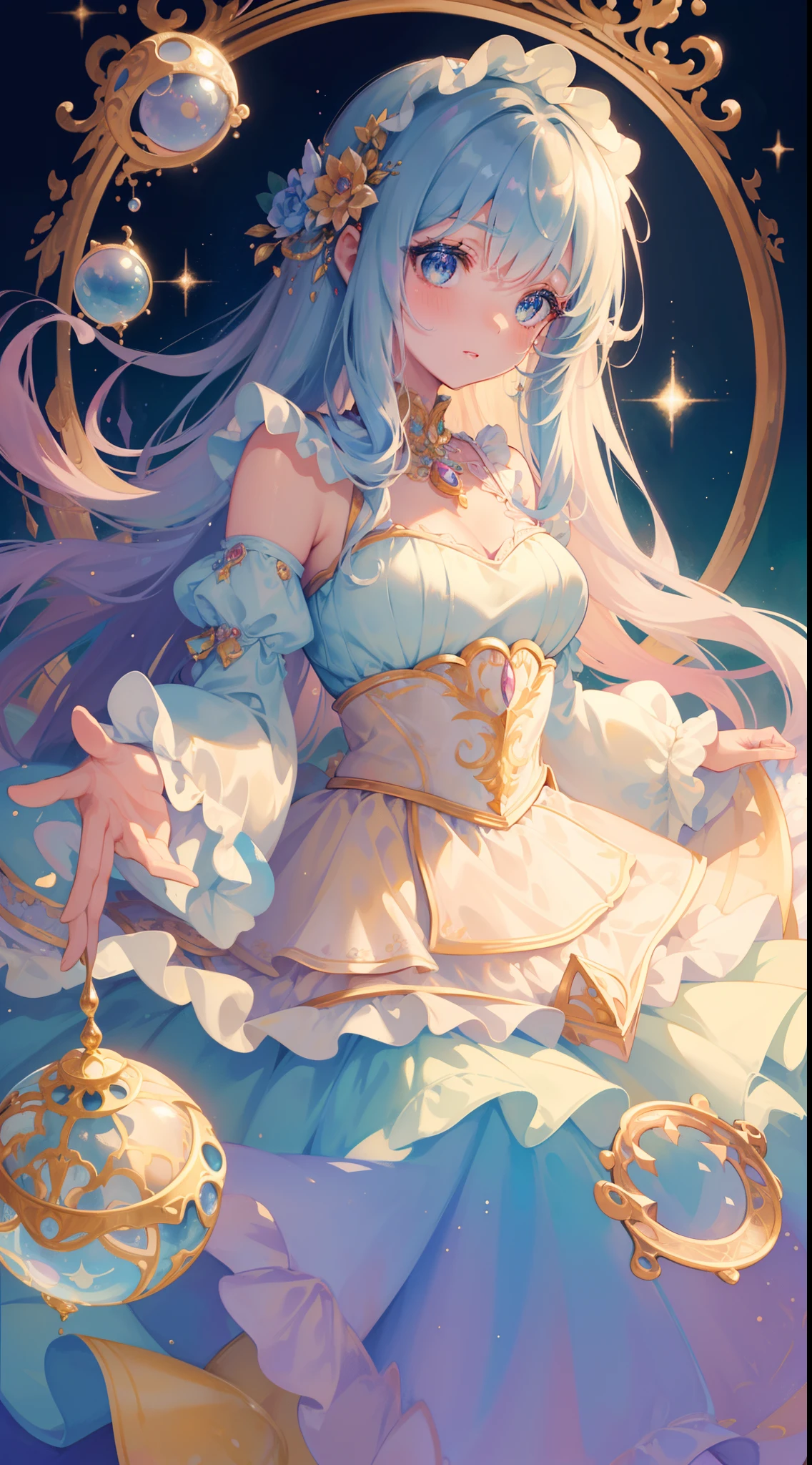 masterpiece, best quality, 8k resolution, sharp focus, intricate detail, beautiful girl, sparkling eyes, golden ratio face, otherworldly liquid, watercolor, ((pastel colors)), bright colors, whimsical, colorful, sharp focus, high resolution, fine detail, princess fantasy ballgown, ((round eyes)), iridescent bubbles, castle landscape in background