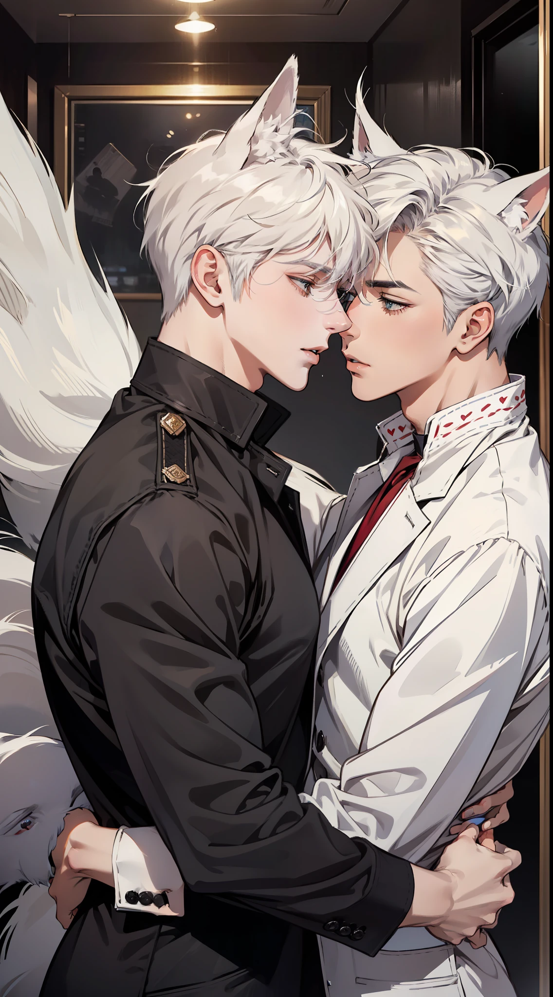 "Masterpiece, best quality, passionate and intimate embrace between two men, one with white fox ears and short white hair, and the other with short black hair, evoking a powerful sense of love and desire, gay couple, eyes opening."