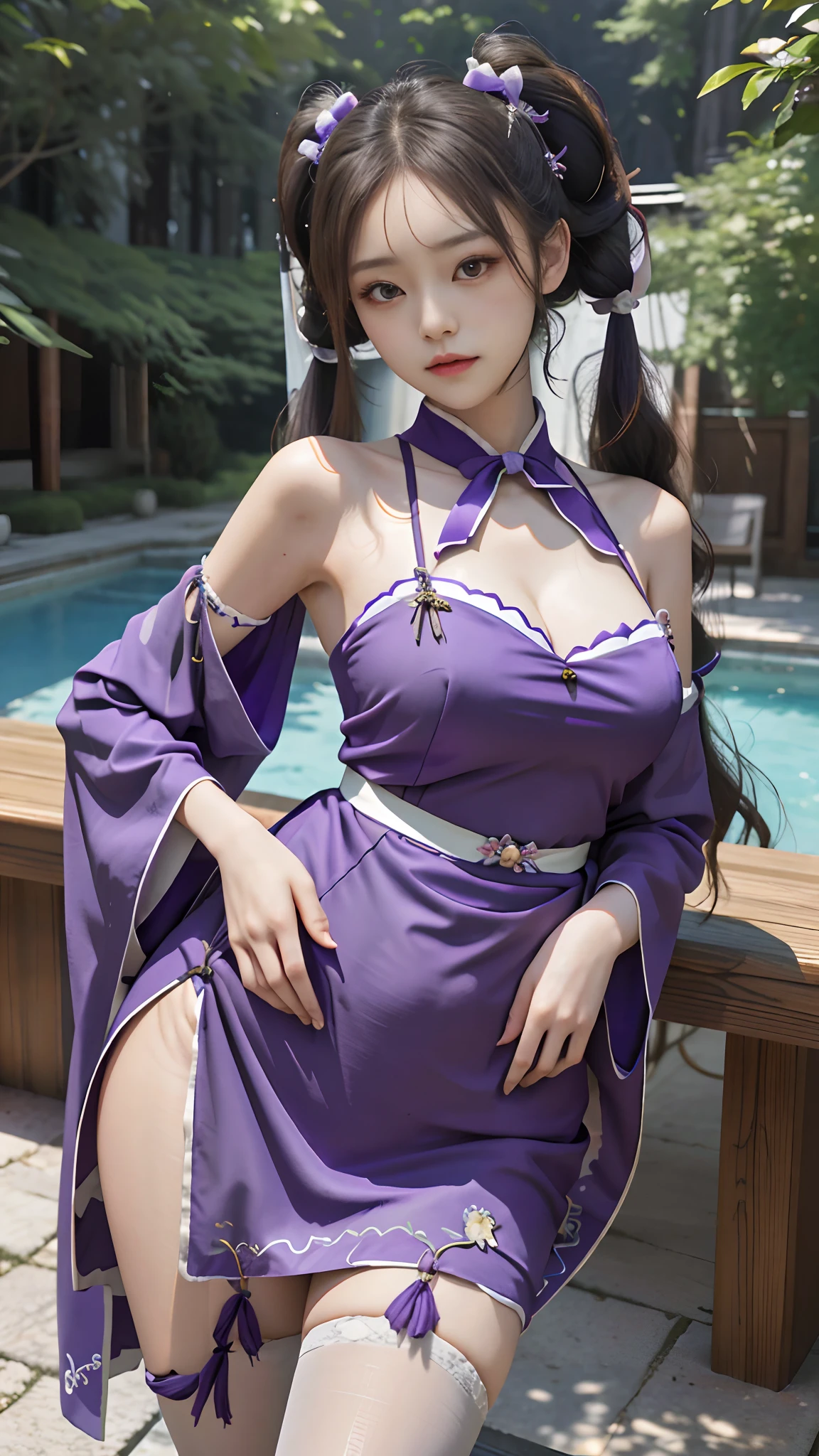 masterpiece, best quality, highres, wz1, twintails, large breasts, forehead, hanfu, wide sleeves, sash, bare shoulders, long sleeves, bow, purple dress, shawl, standing, cowboy shot, outdoors, hand on hip,