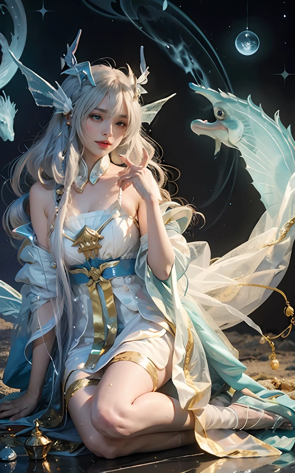 Close-up of women in costumes on stage, full body fairy, beautiful celestial mage, stunning young ethereal characters, beautiful fantasy queen, astral witch costume, sand stream, flowing magic robe, white Hanfu, fairy fantasy, beauty Delfin, ethereal fantasy, elegant and charming cosplay, Hirase Jinyao, sitting on the ground, charming and colorful, very coquettish