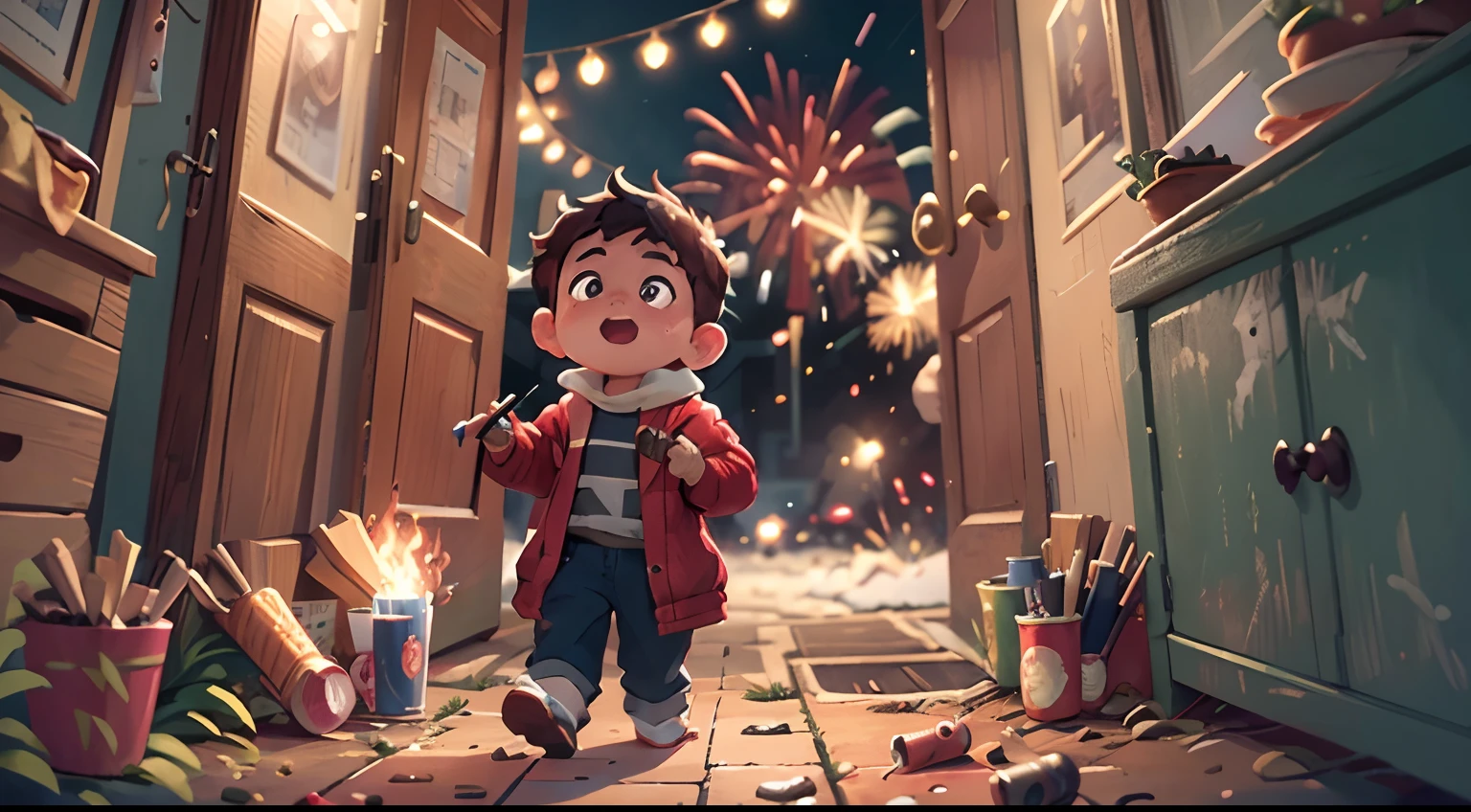 UE5,((There was only one little boy)),firecrackers,fire works,On the doorstep,The front door is facing the camera,Set off fireworks(Paste couplets),good fortune,UE5,snowfield,nevando, (tmasterpiece:1.2) (realisticlying:1.2) (Bokeh) (best qualtiy) (detailedskin:1.3) (complexdetails) (8K) (detailedeyes) (Sharp focus),(having fun),2.5d style